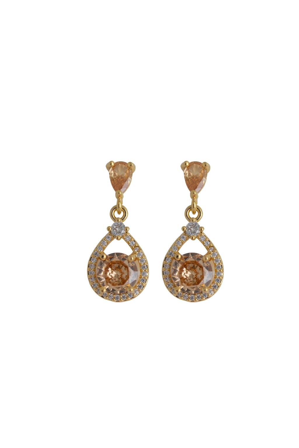 champagne rhinestone drop earrings on a gold setting