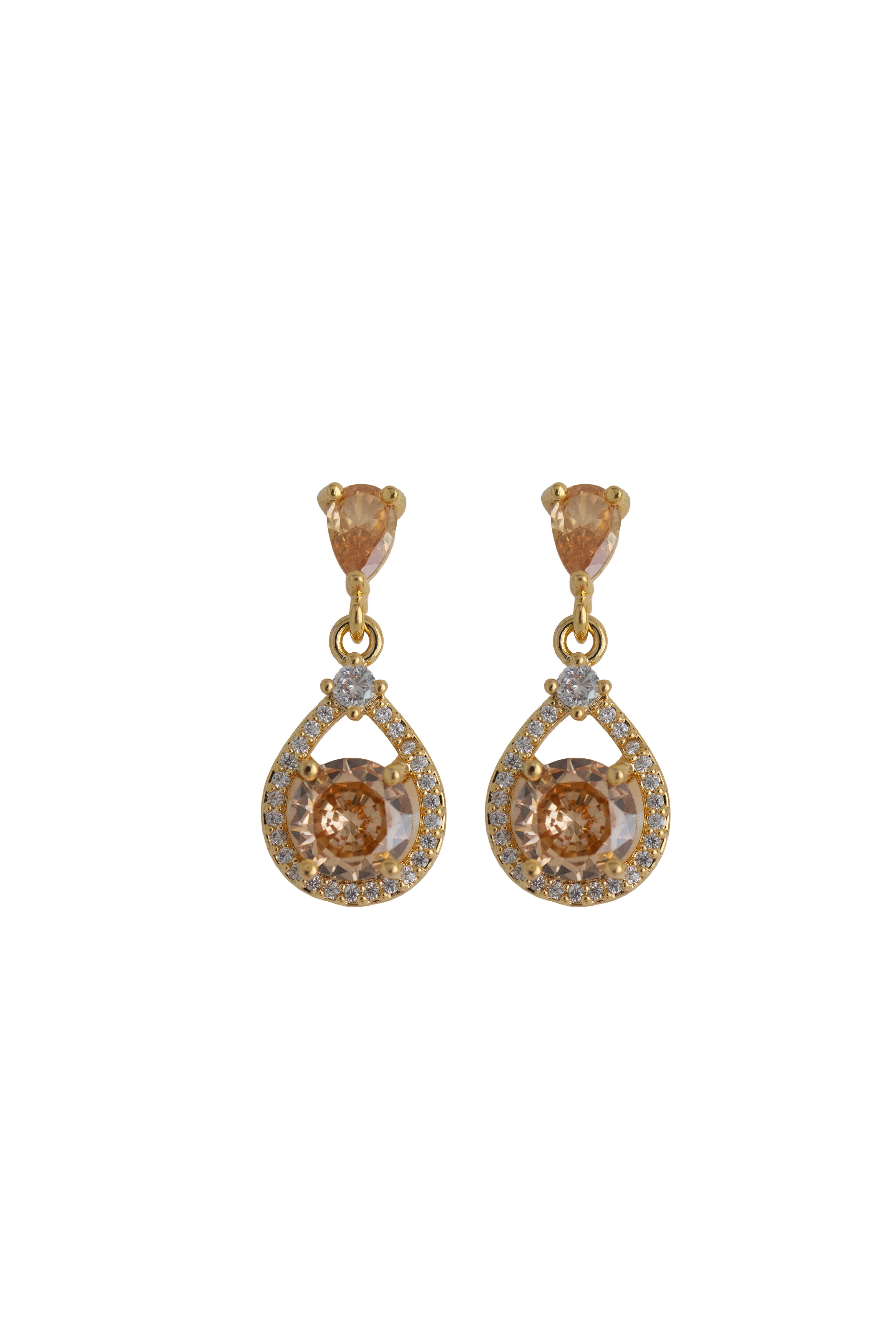 champagne rhinestone drop earrings on a gold setting