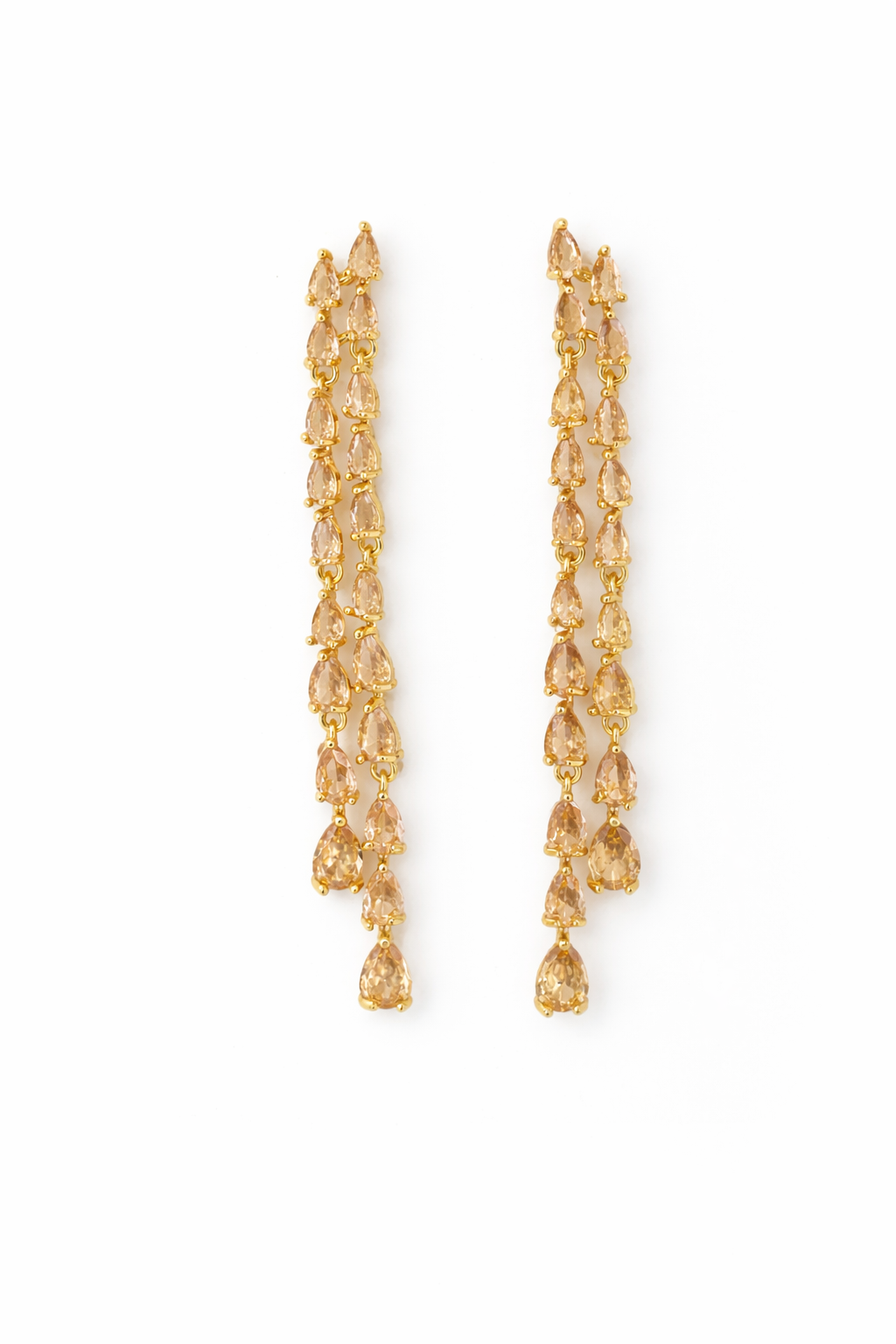 champagne rhinestone fringe earrings on a gold setting