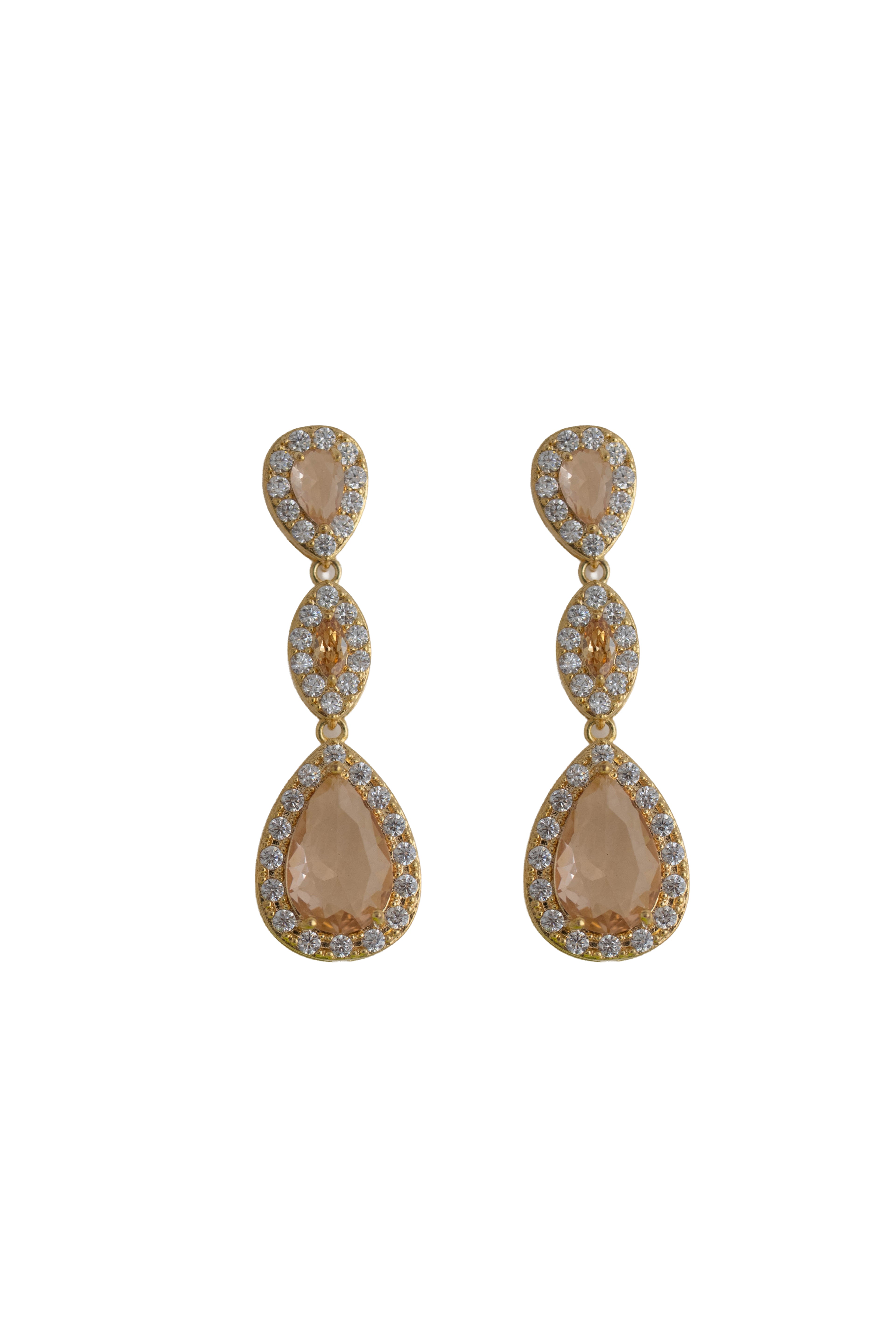 champagne rhinestone earrings on a gold setting