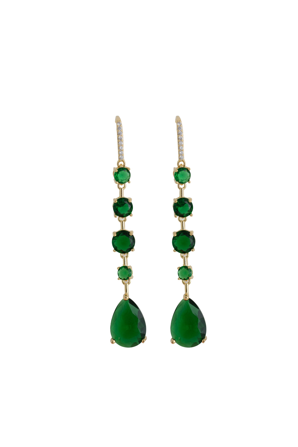 emerald green rhinestone drop earrings on a gold setting