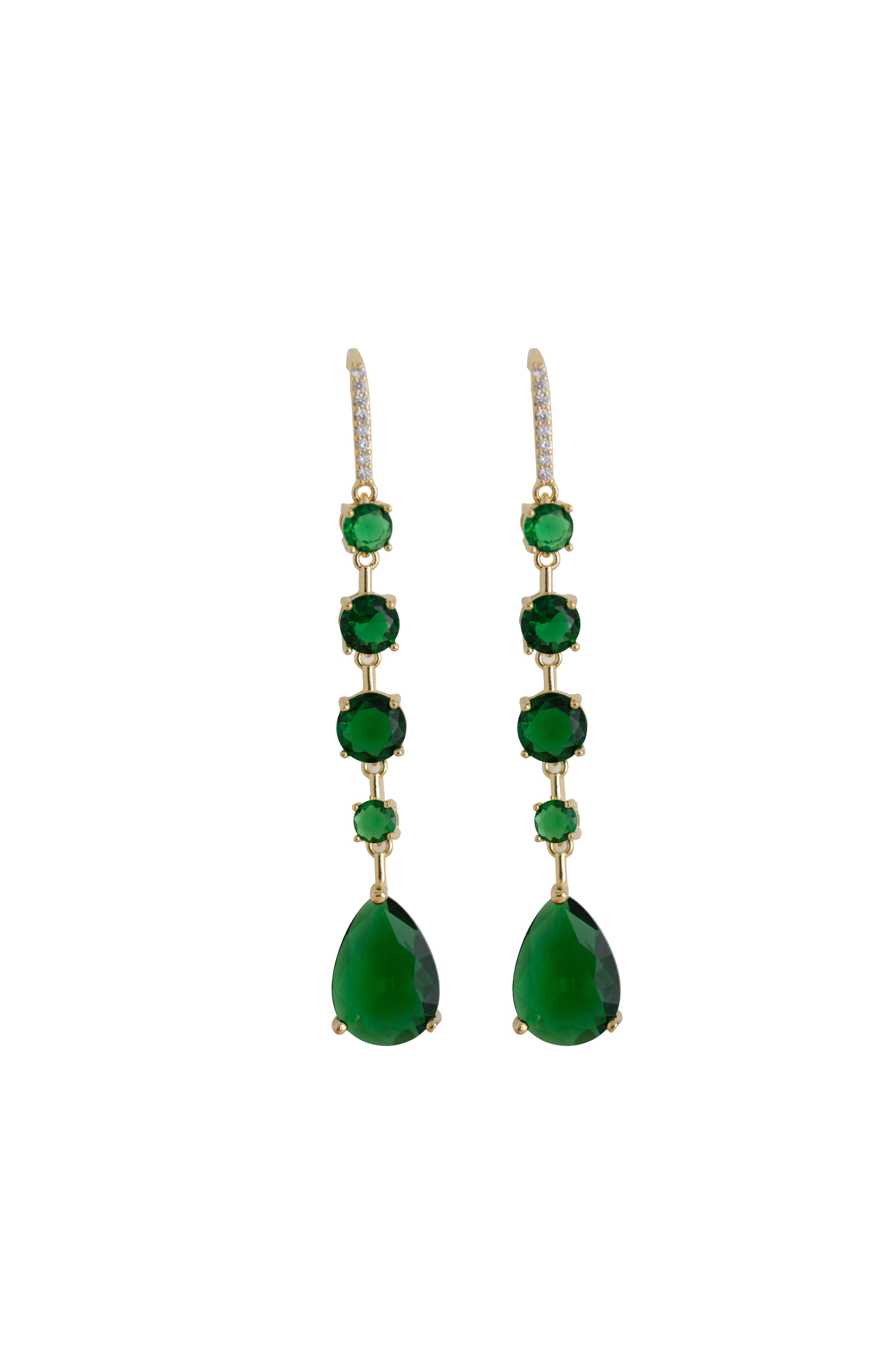 emerald green rhinestone drop earrings on a gold setting