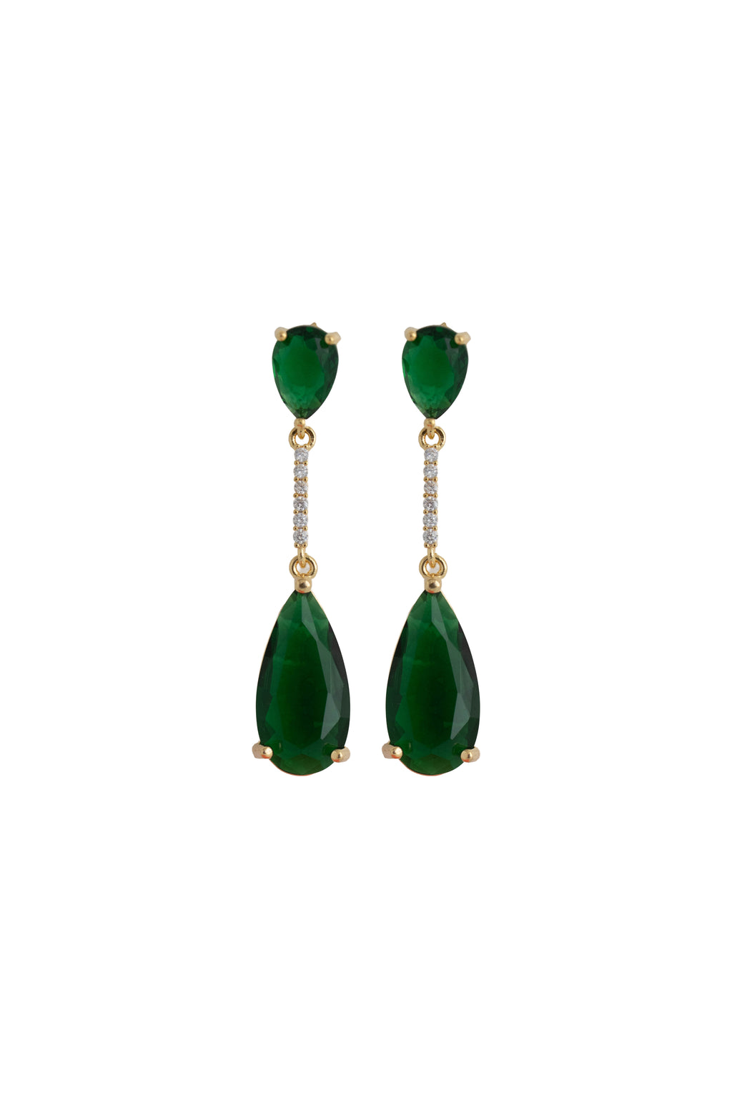 emerald green rhinestone earrings on a gold setting