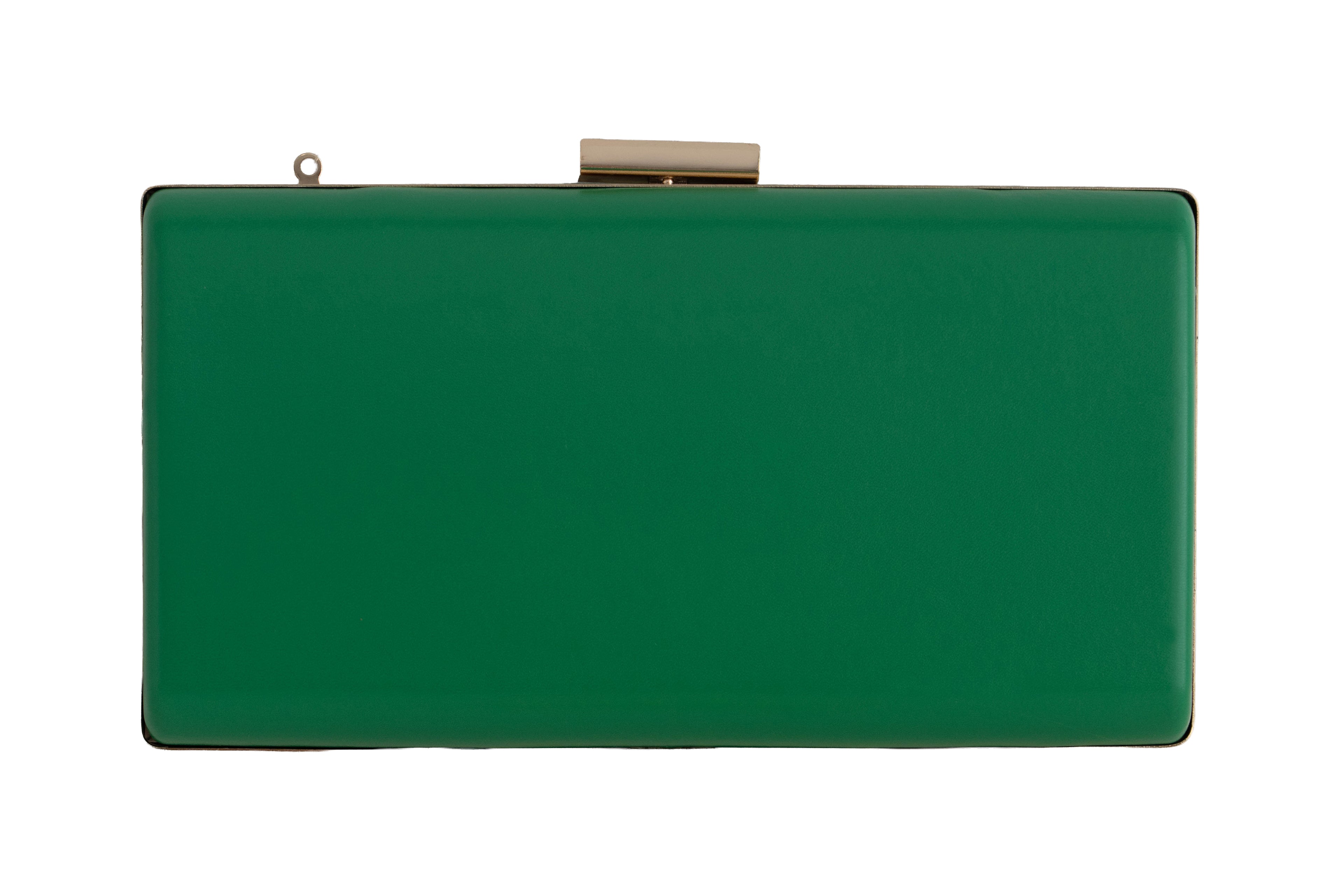 Green clutch bag with a gold clasp 