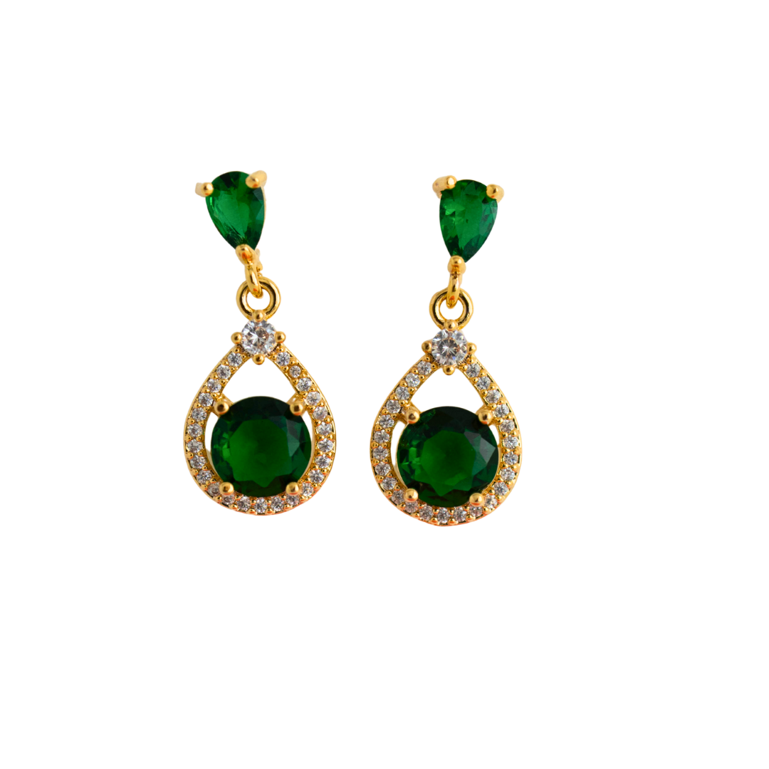 emerald green rhinestone drop earrings on a gold setting