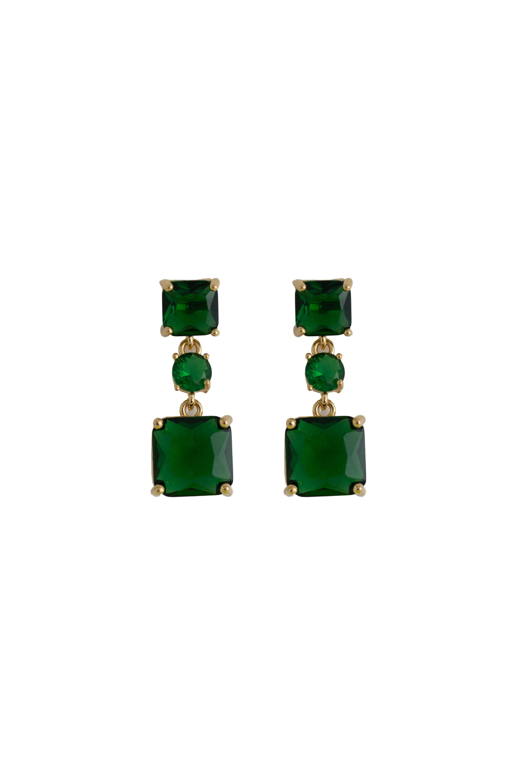 emerald green rhinestone drop earrings on a gold setting