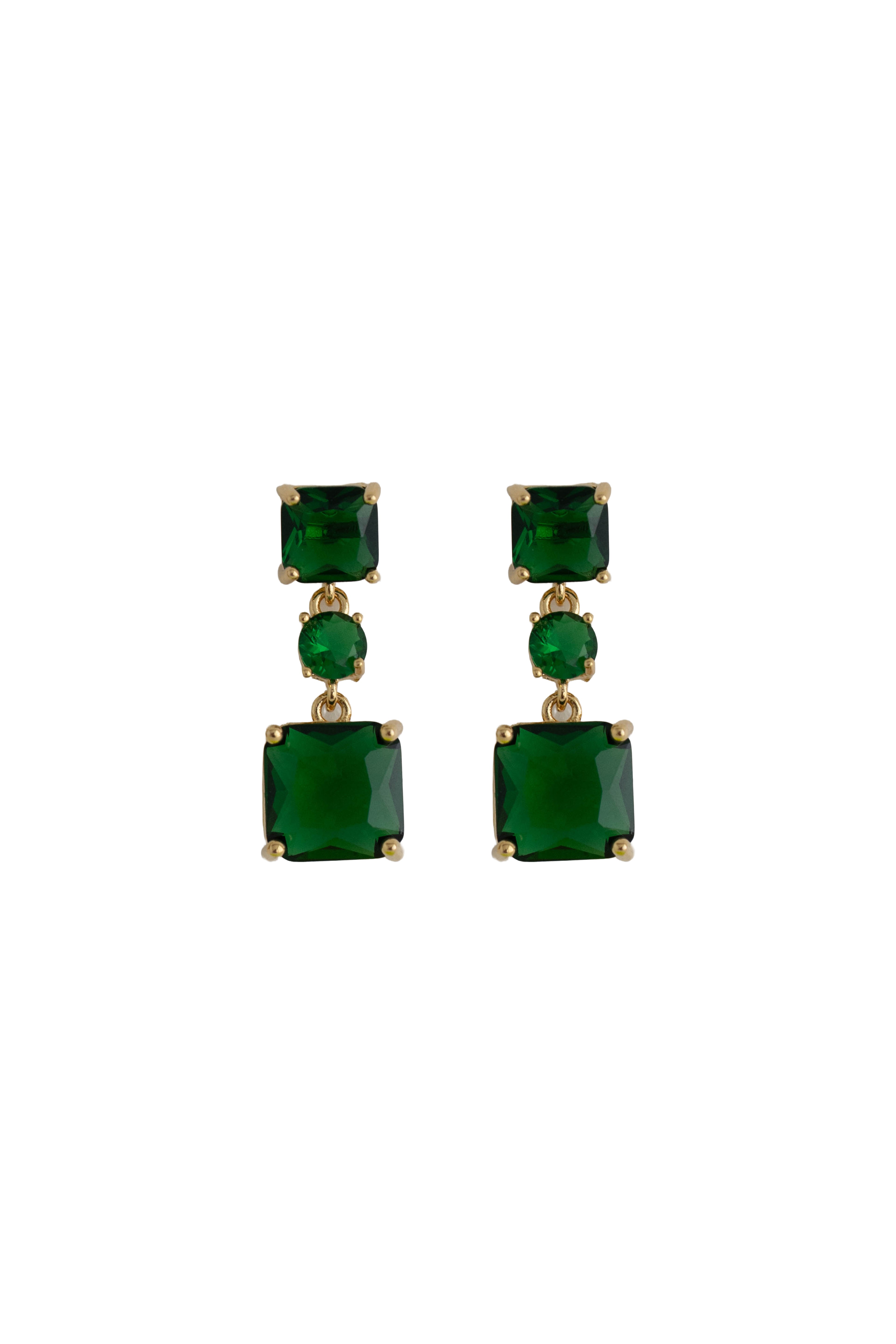 emerald green rhinestone drop earrings on a gold setting