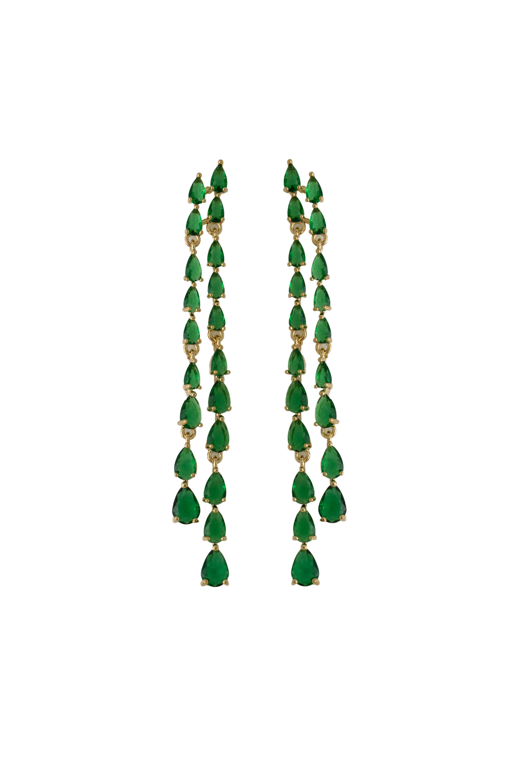 emerald green rhinestone fringe earrings on a gold setting