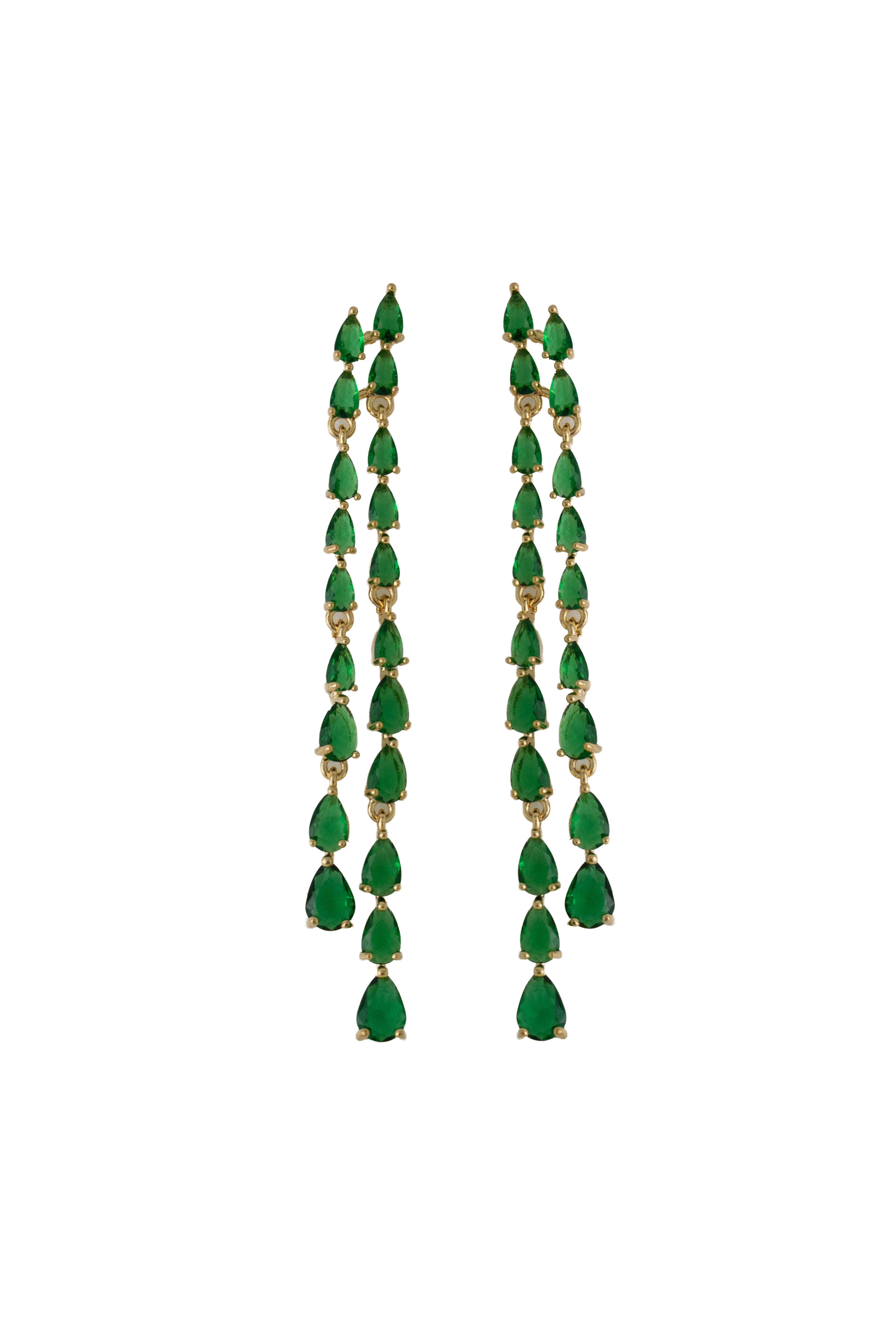emerald green rhinestone fringe earrings on a gold setting