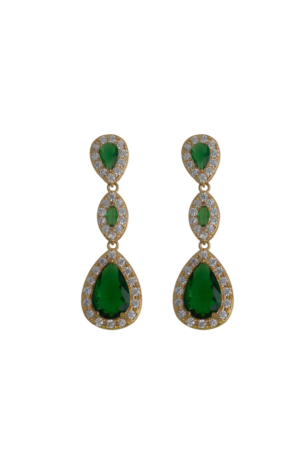 emerald green rhinestone earrings on a gold setting