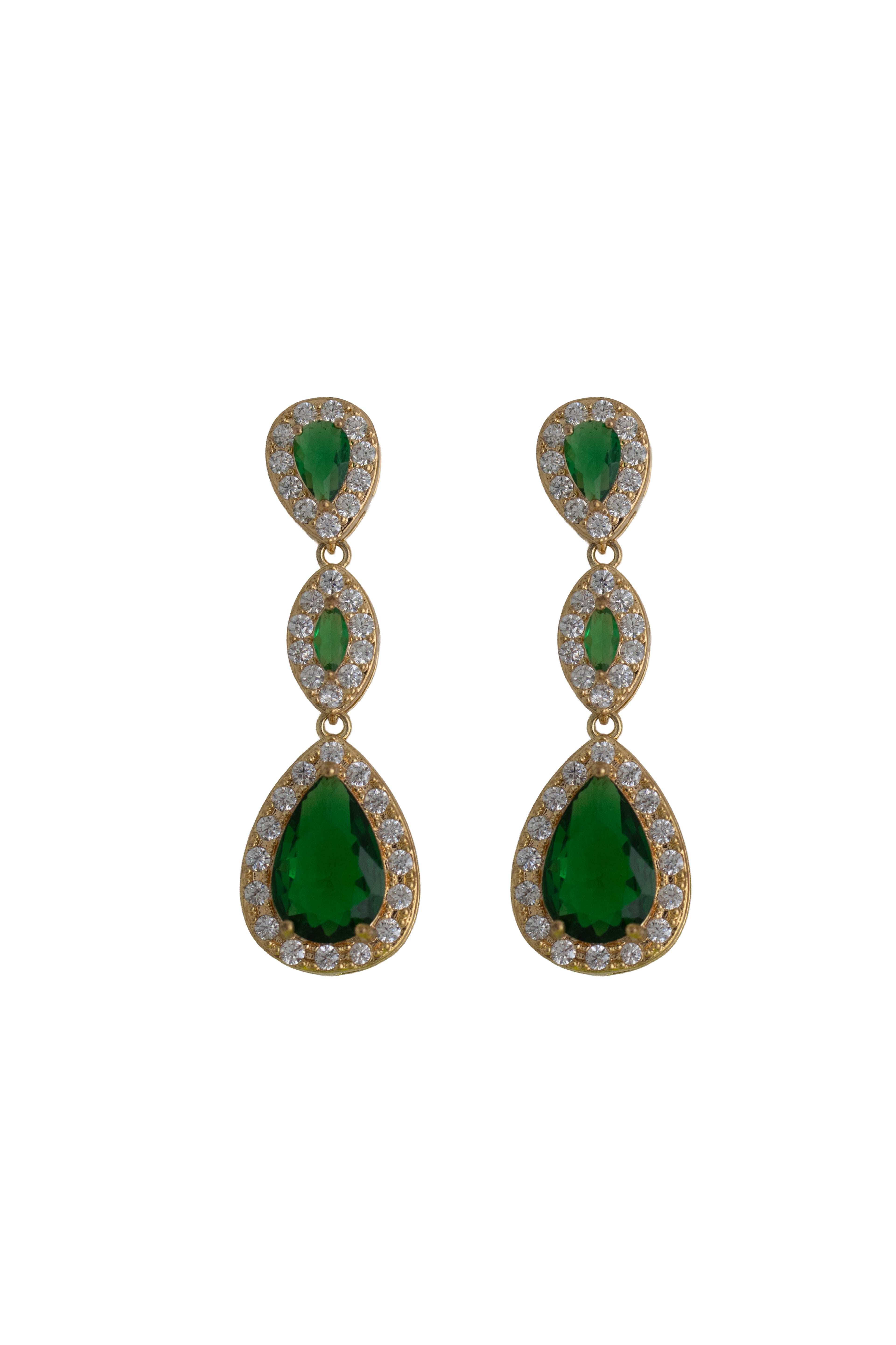 emerald green rhinestone earrings on a gold setting