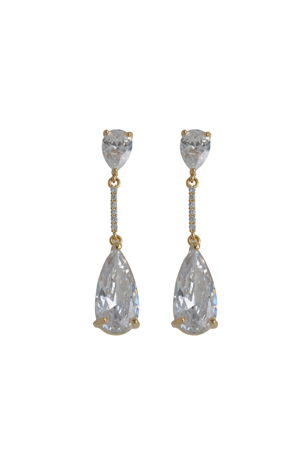 old drop earrings featuring a teardrop crystal stud connected by a pave crystal bar to a large sparkling teardrop crystal drop