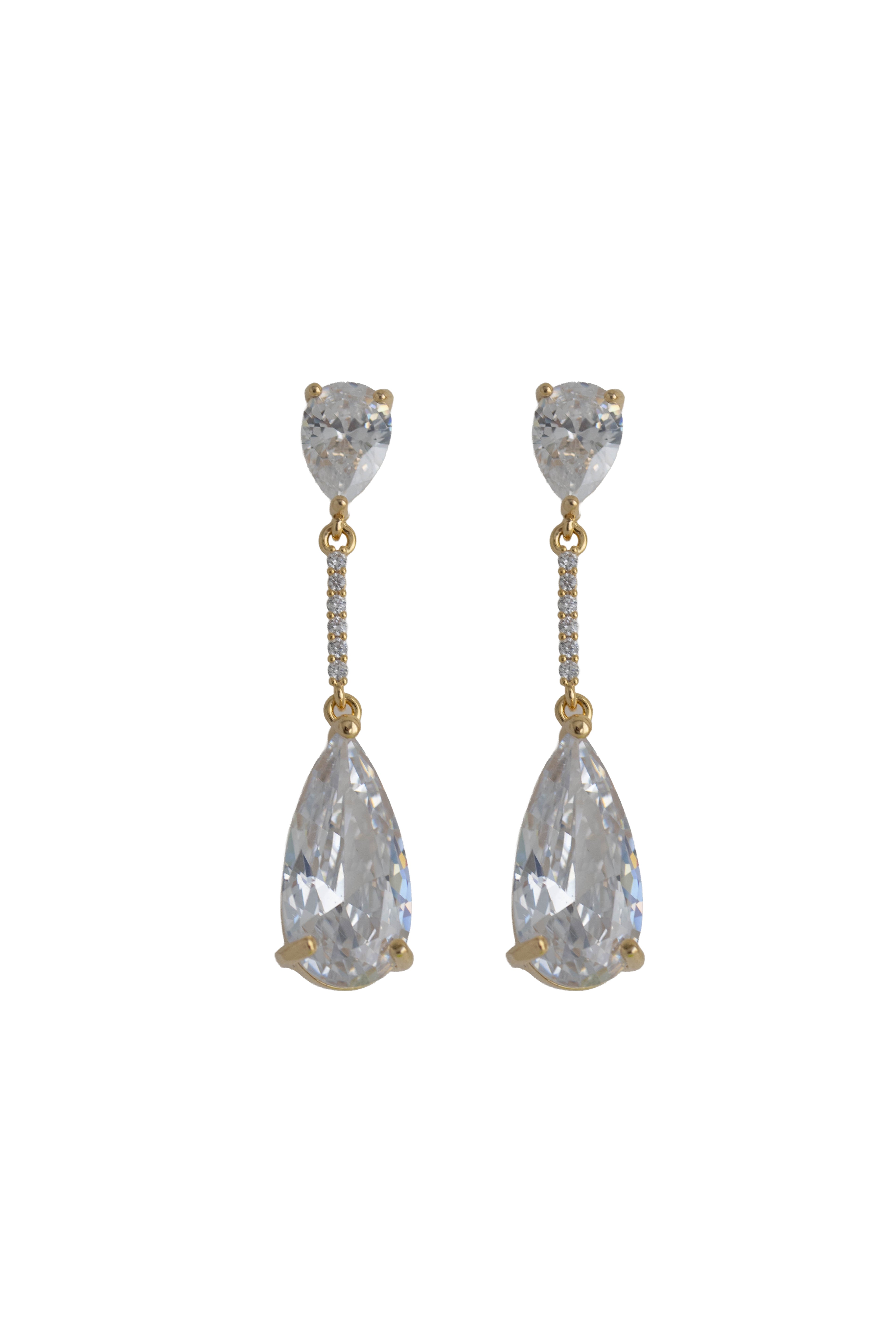 old drop earrings featuring a teardrop crystal stud connected by a pave crystal bar to a large sparkling teardrop crystal drop