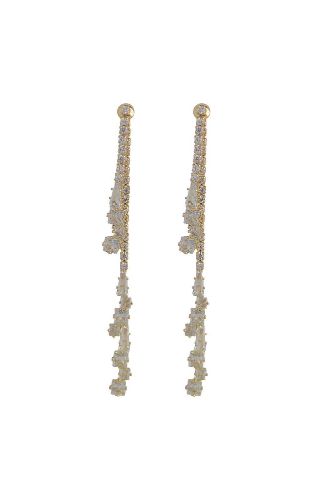long gold earrings with a cascading trail of sparkling crystals