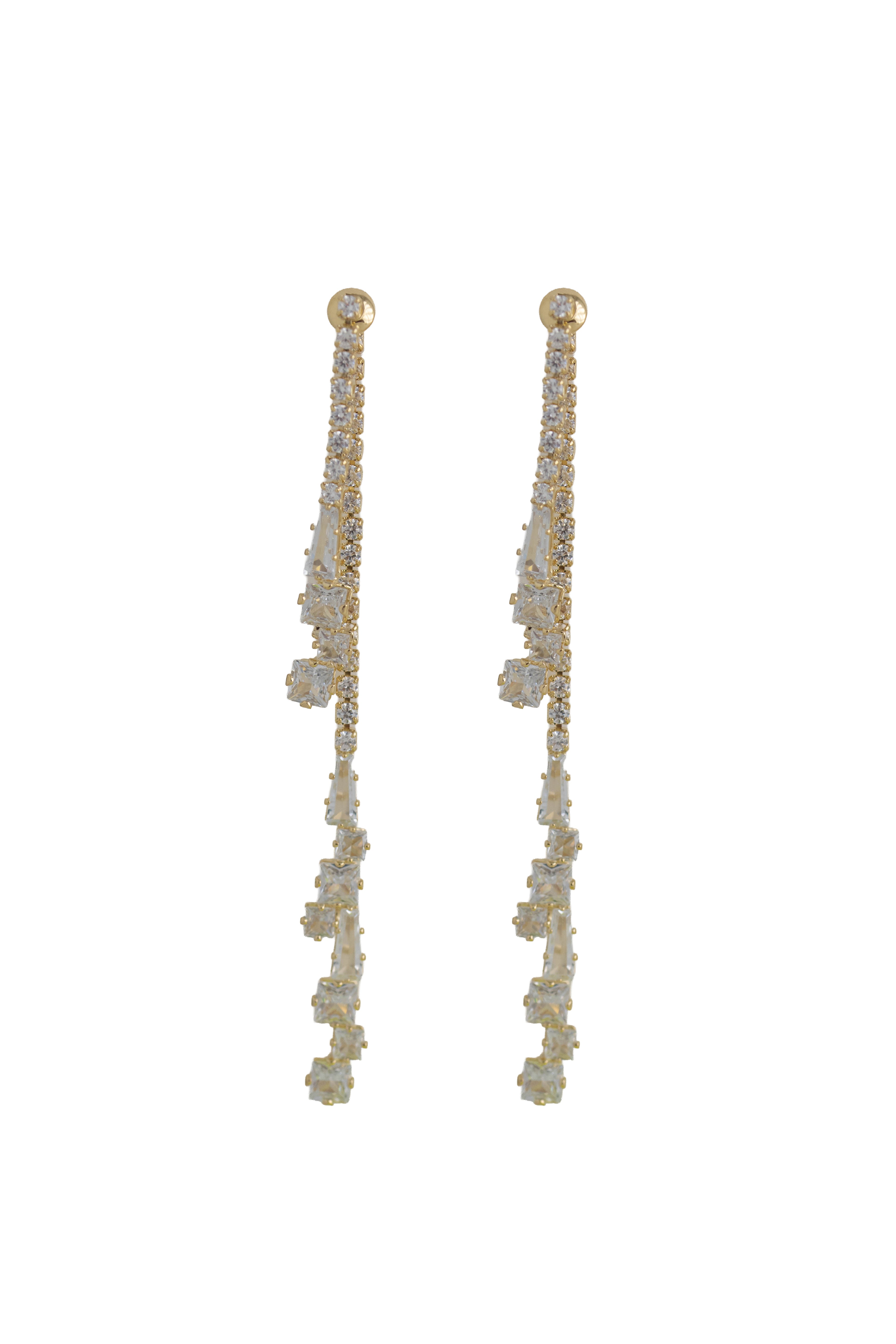 long gold earrings with a cascading trail of sparkling crystals
