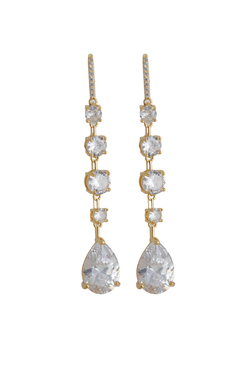 gold drop earrings with graduated round crystals and a beautiful teardrop pendant