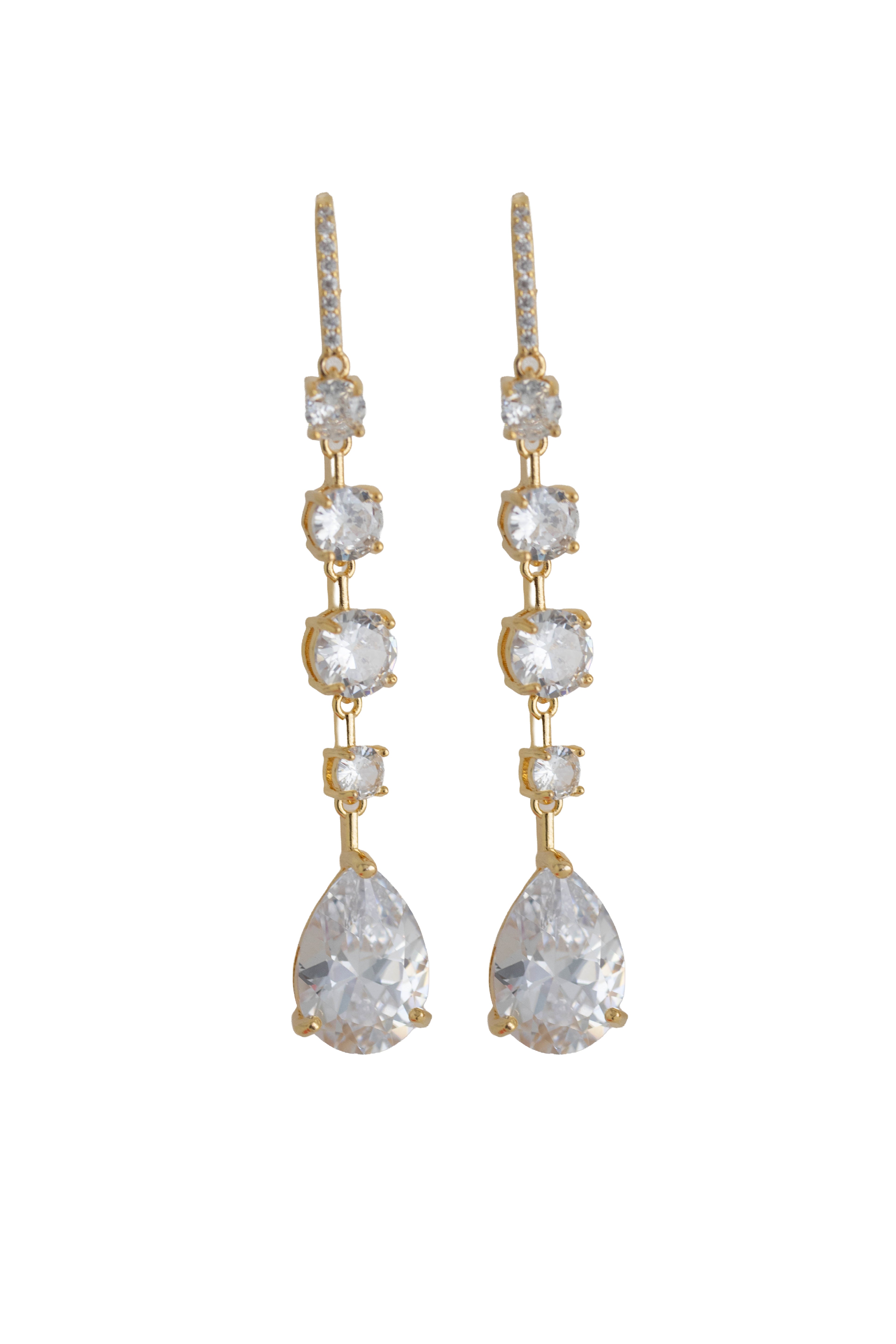 gold drop earrings with graduated round crystals and a beautiful teardrop pendant