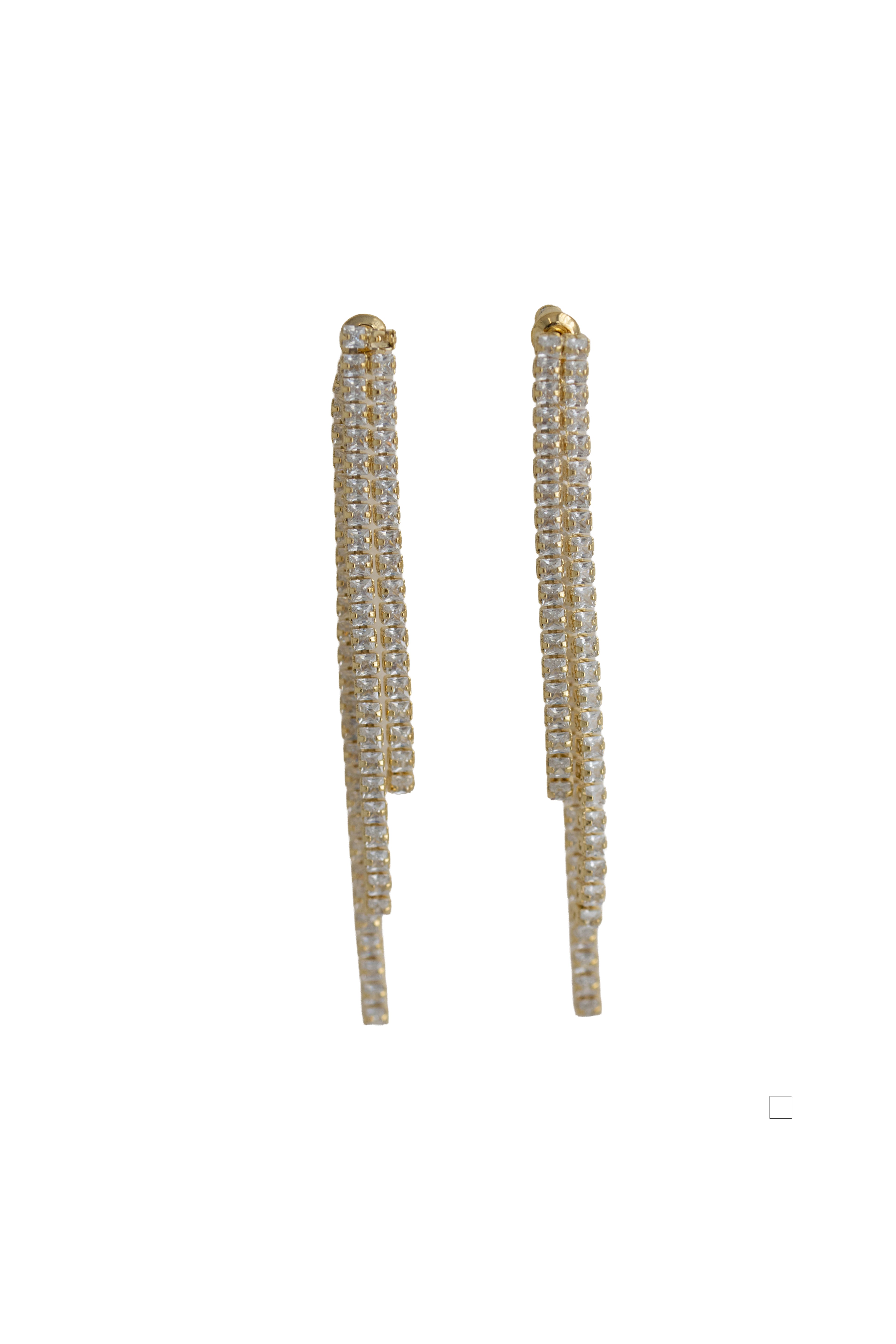 gold fringe earrings featuring two strands of brilliant crystals