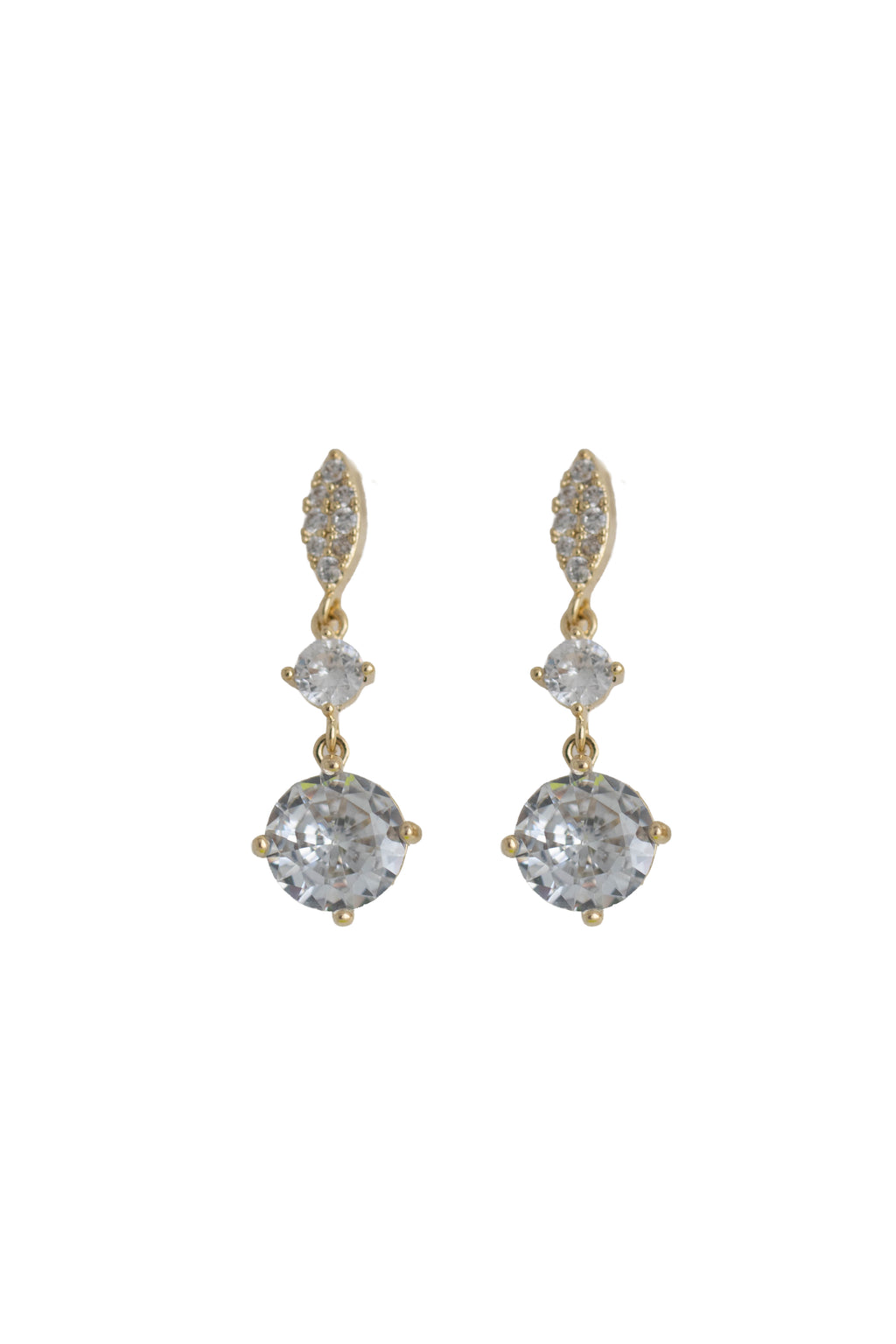 gold drop earrings featuring a pave marquise top and a sparkling round crystal drop