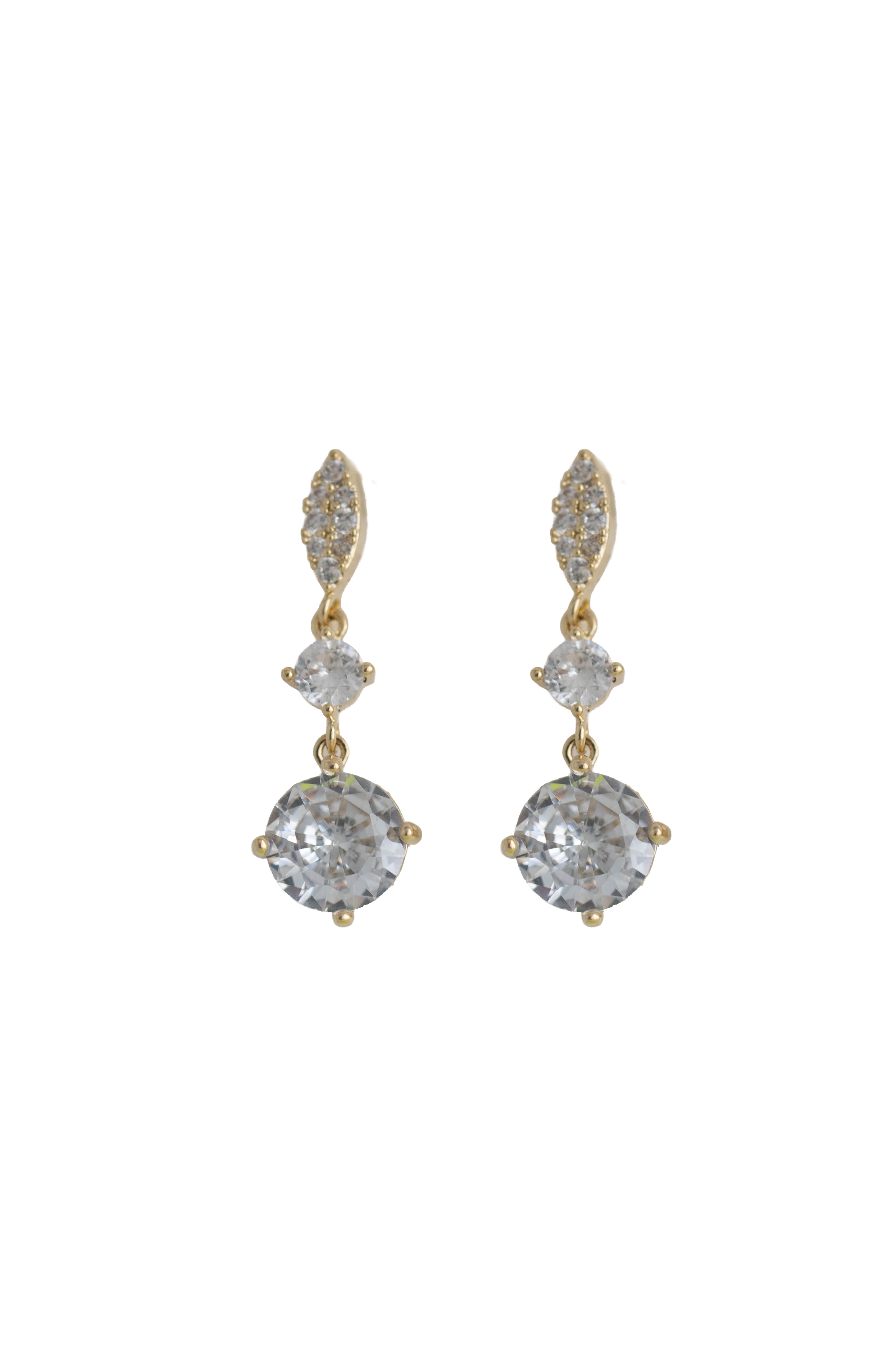 gold drop earrings featuring a pave marquise top and a sparkling round crystal drop