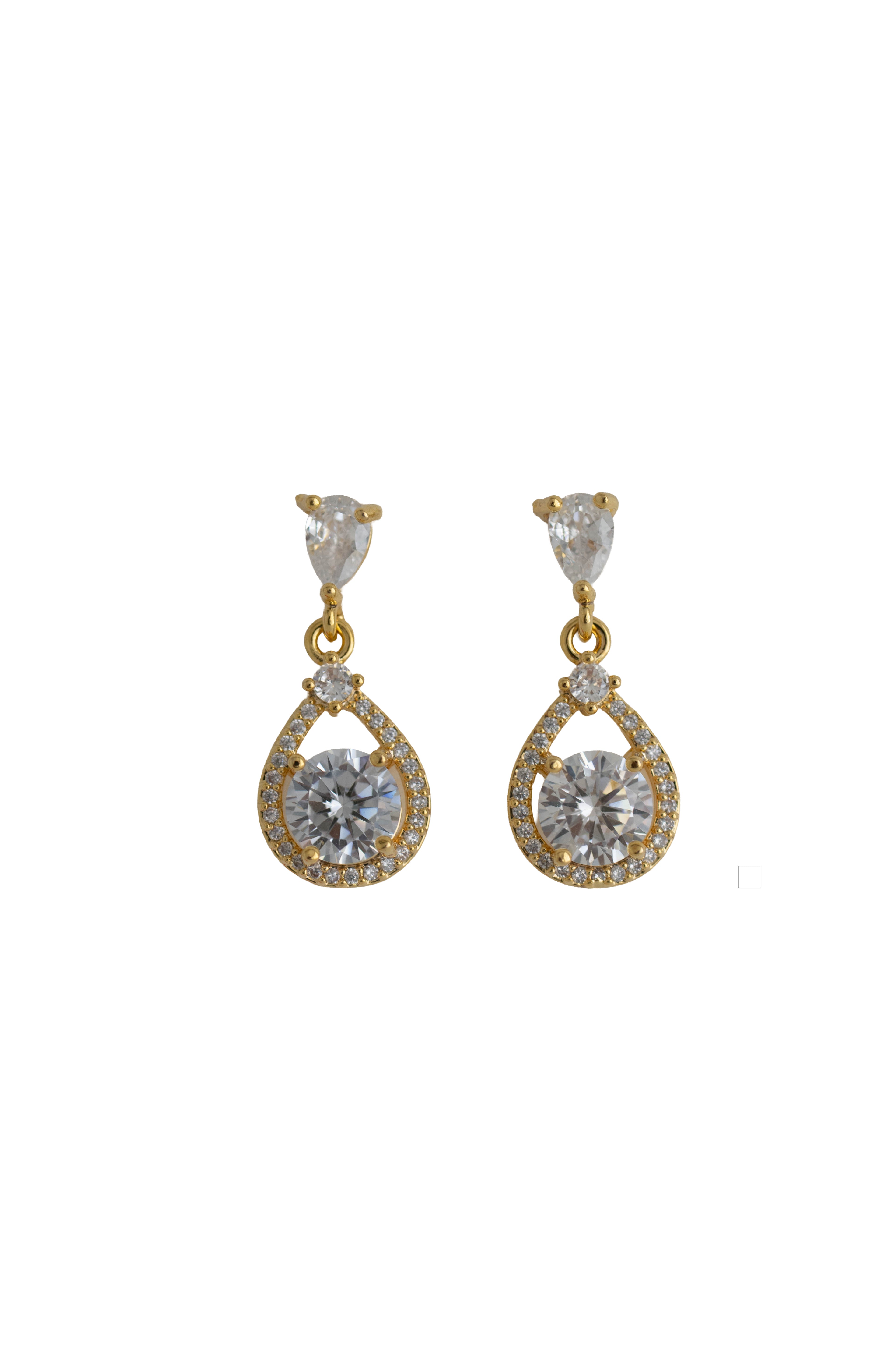 gold drop earrings featuring a brilliant round crystal set within an open pave teardrop frame