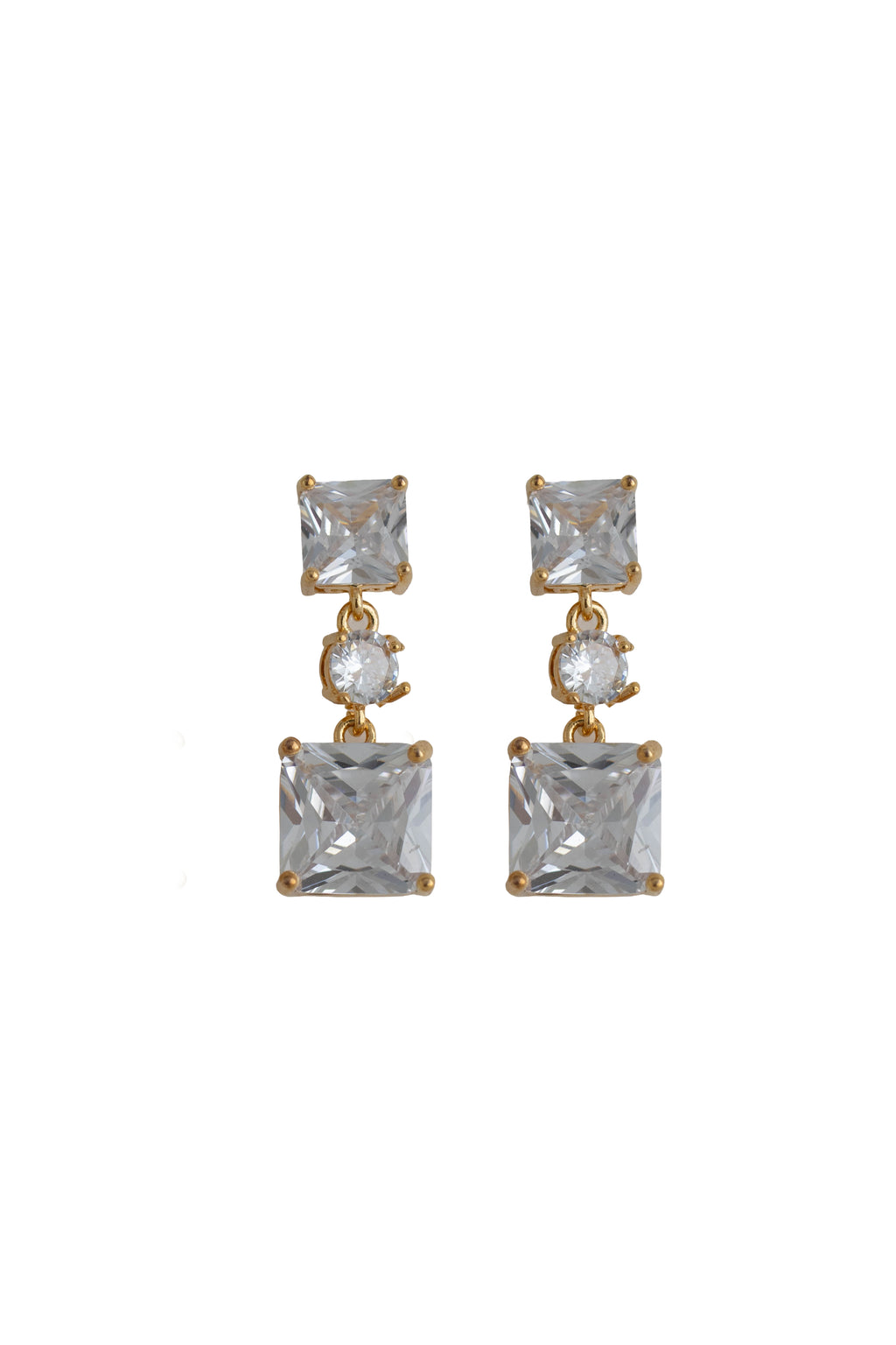 gold drop earrings featuring a square crystal top and a large square crystal drop