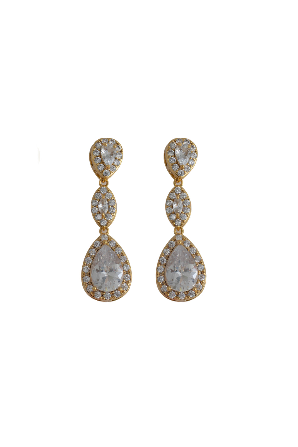 gold drop earrings featuring three cascading pave teardrop crystals