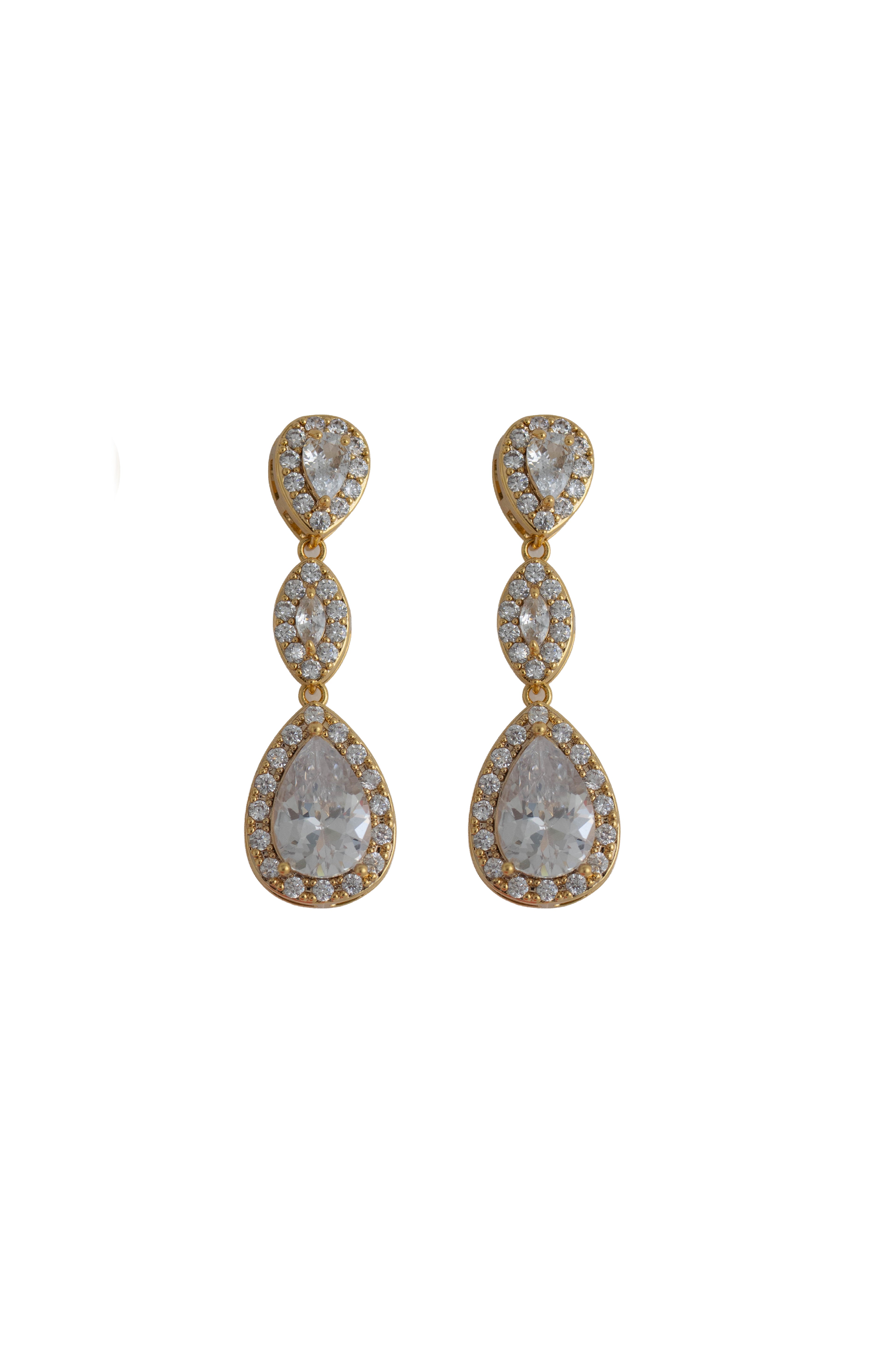 gold drop earrings featuring three cascading pave teardrop crystals