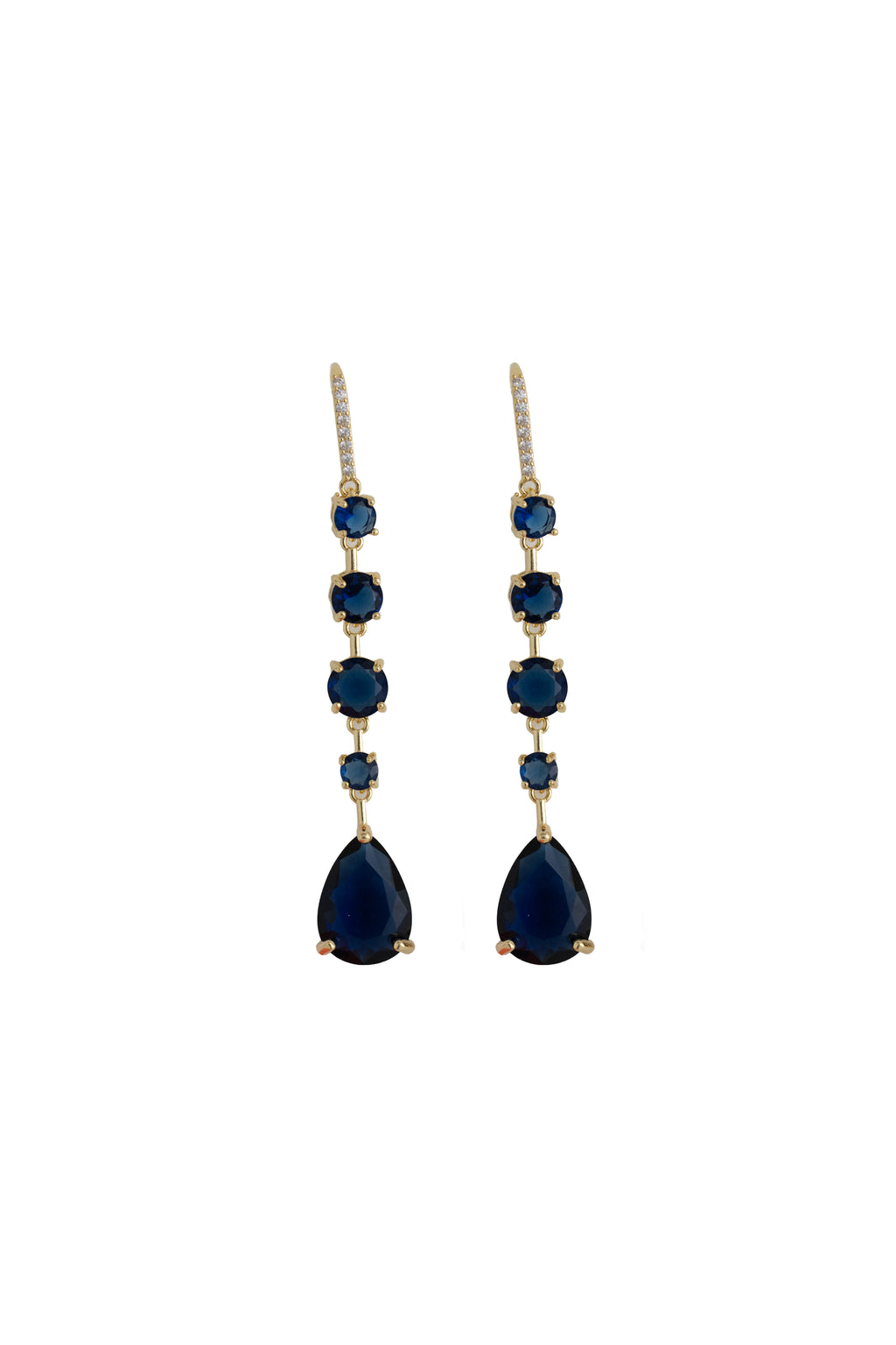 navy blue rhinestone drop earrings on a gold setting