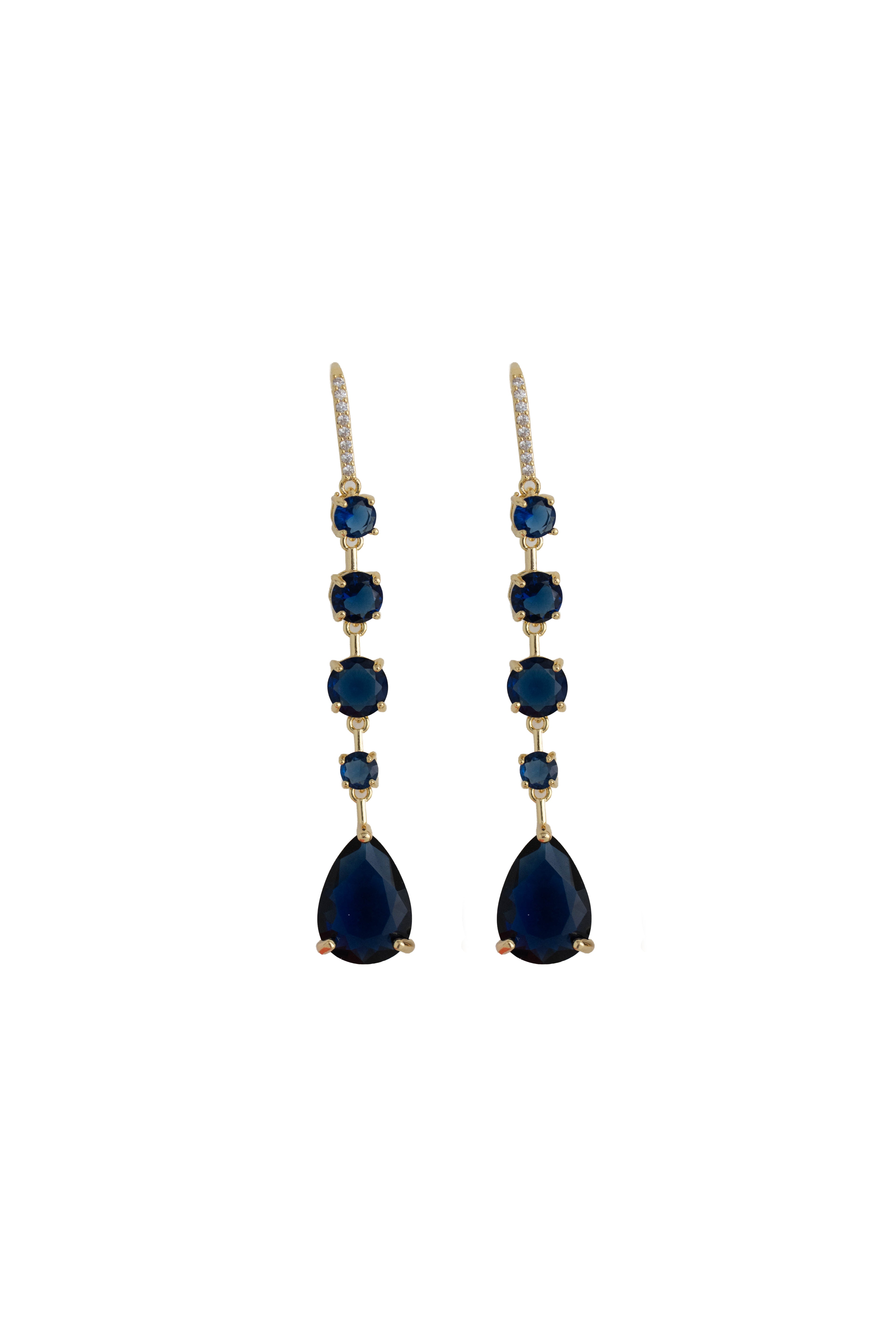 navy blue rhinestone drop earrings on a gold setting