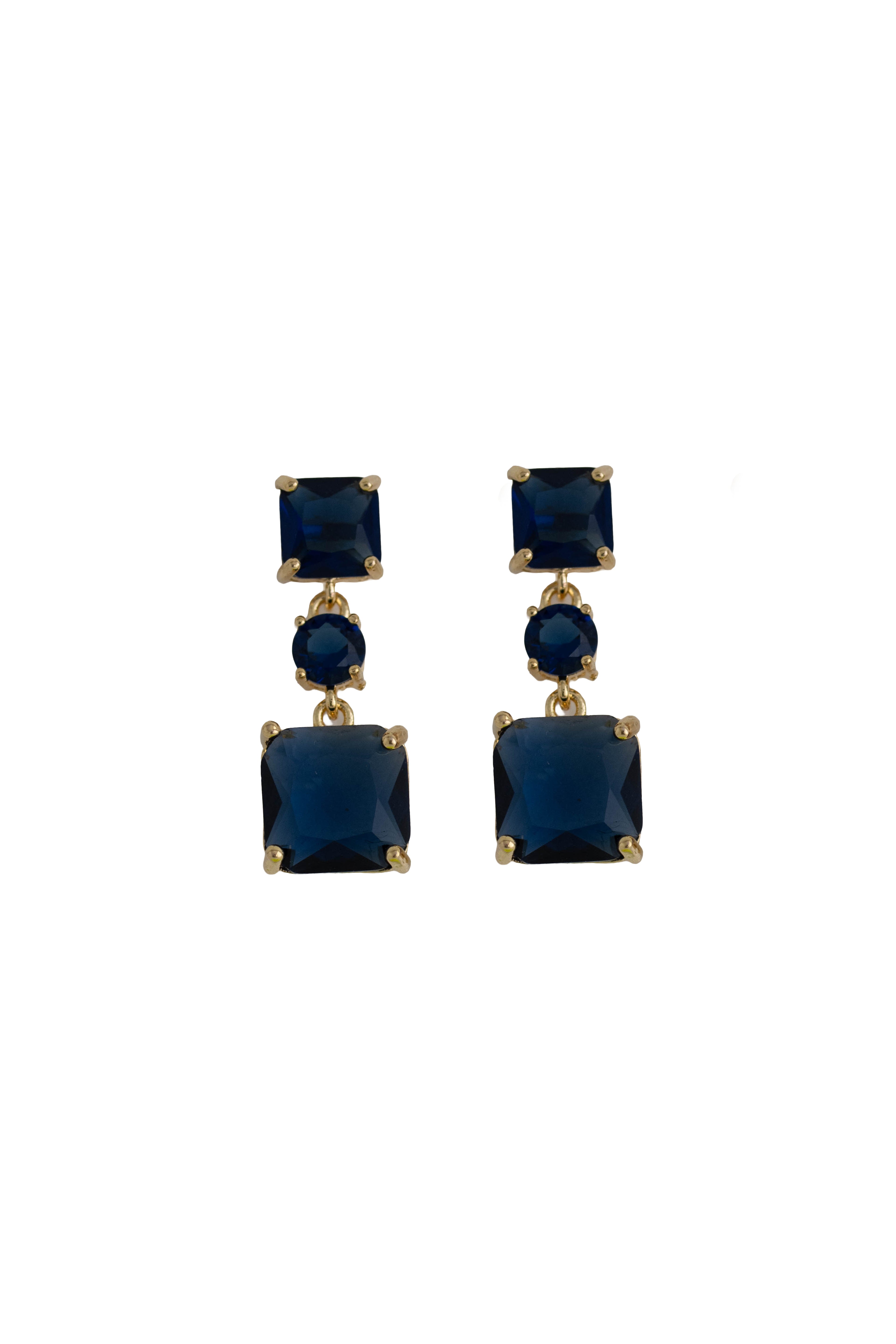 navy blue rhinestone drop earrings on a gold setting