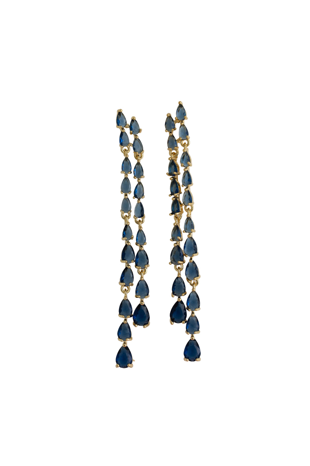 avy blue rhinestone fringe earrings on a gold setting