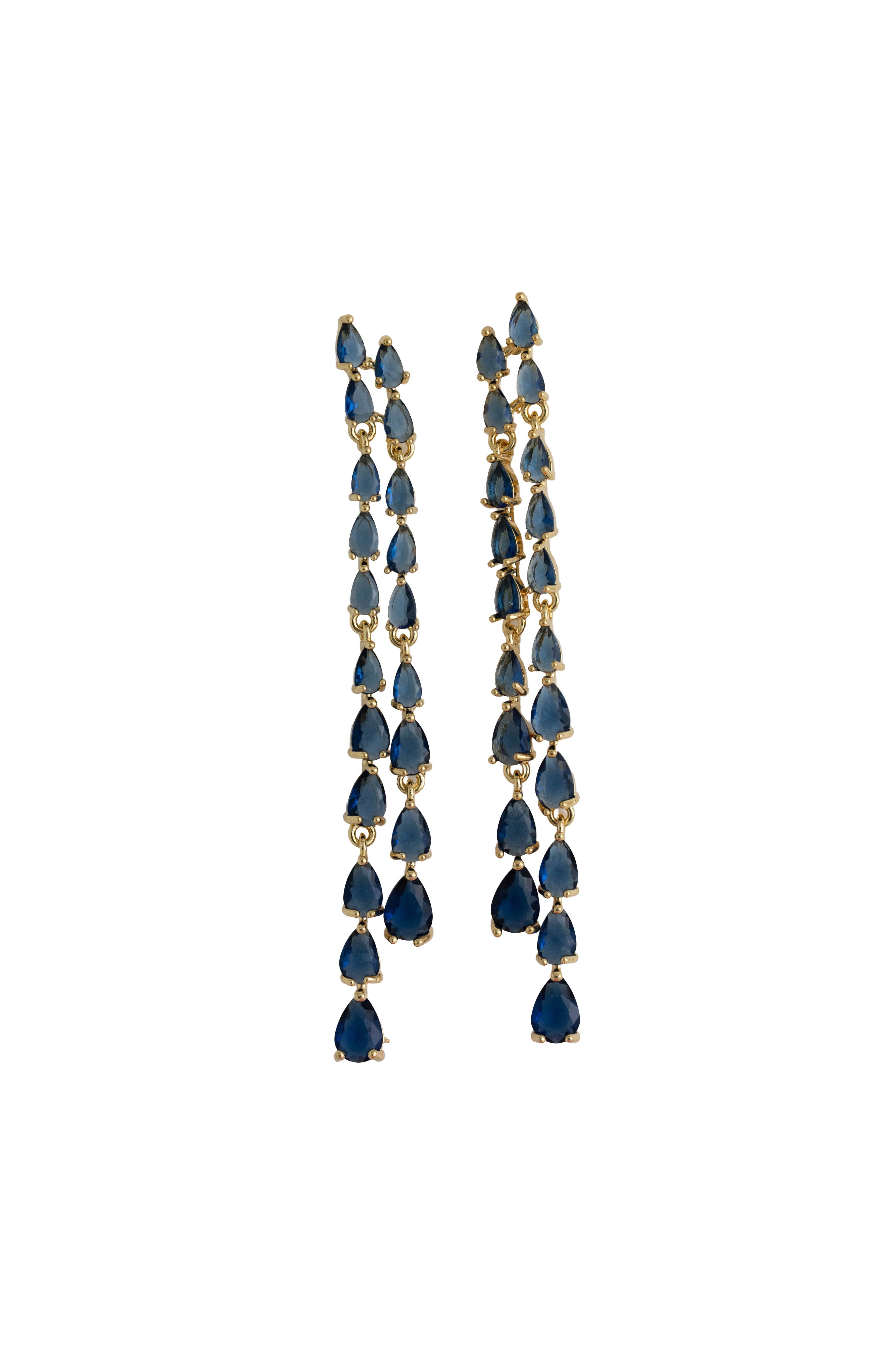 avy blue rhinestone fringe earrings on a gold setting