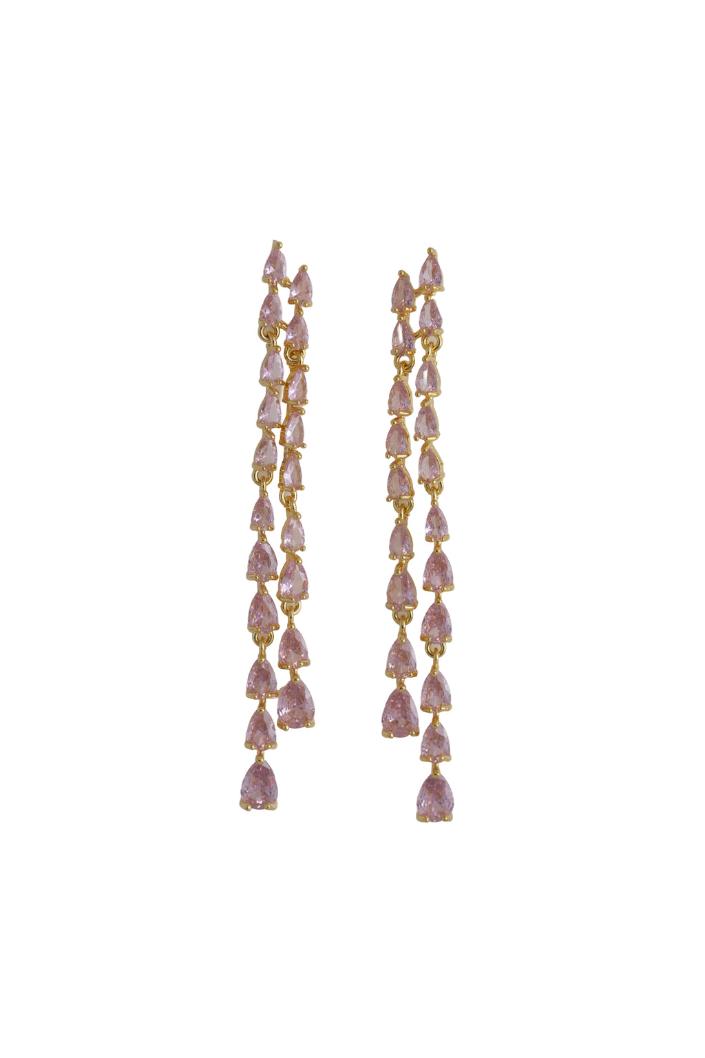 pink rhinestone fringe earrings on a gold setting.