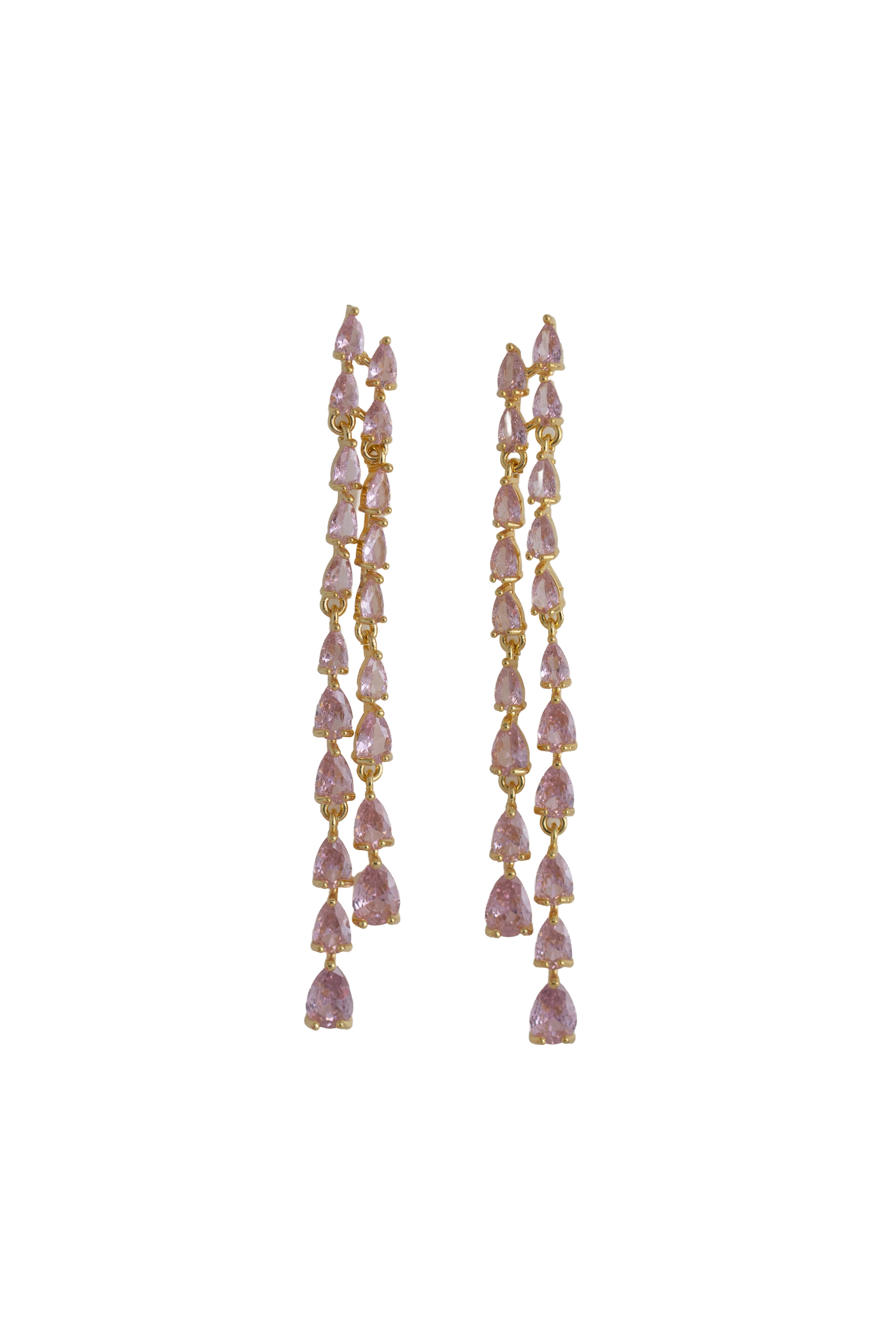 pink rhinestone fringe earrings on a gold setting.