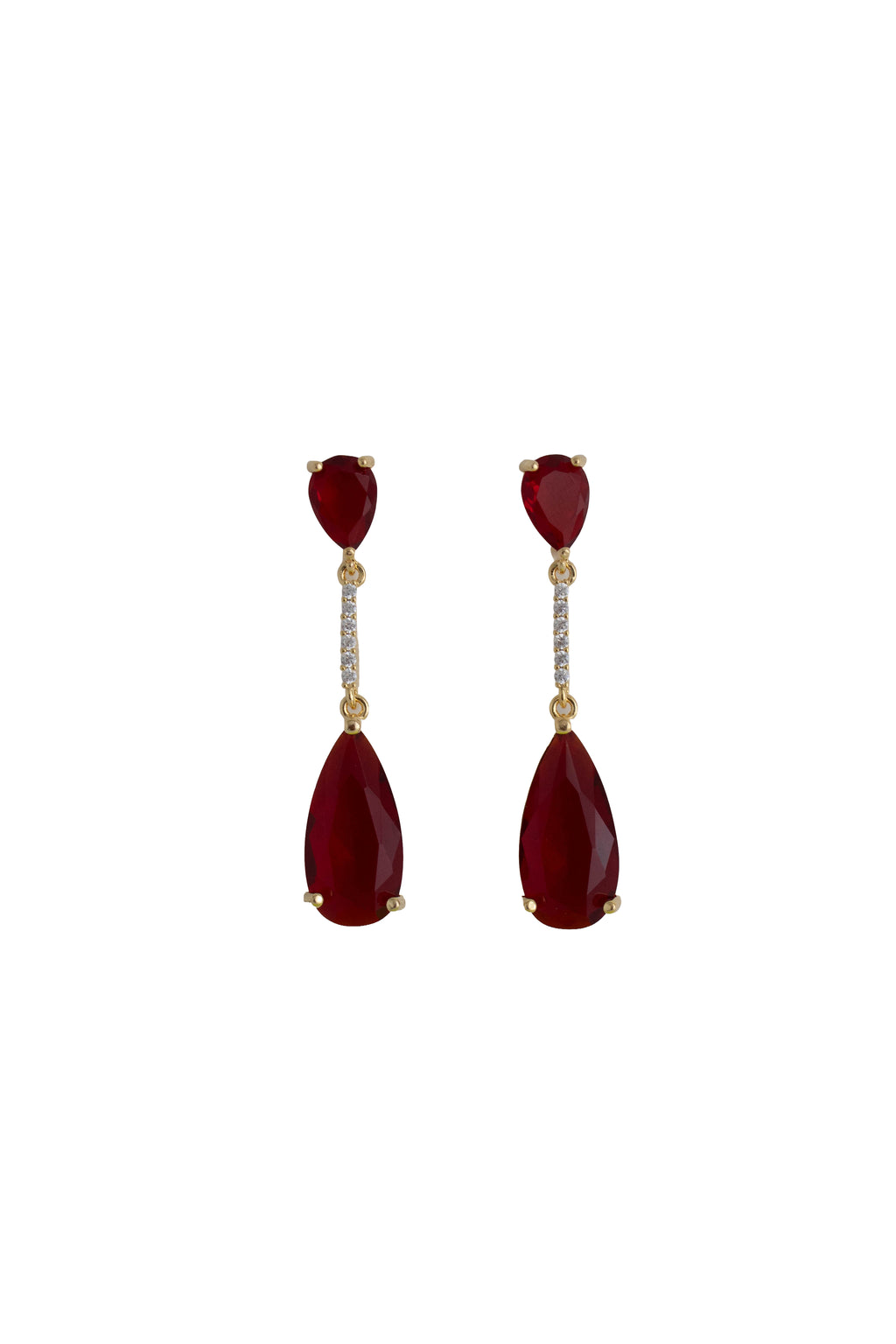 red rhinestone drop earrings on a gold setting