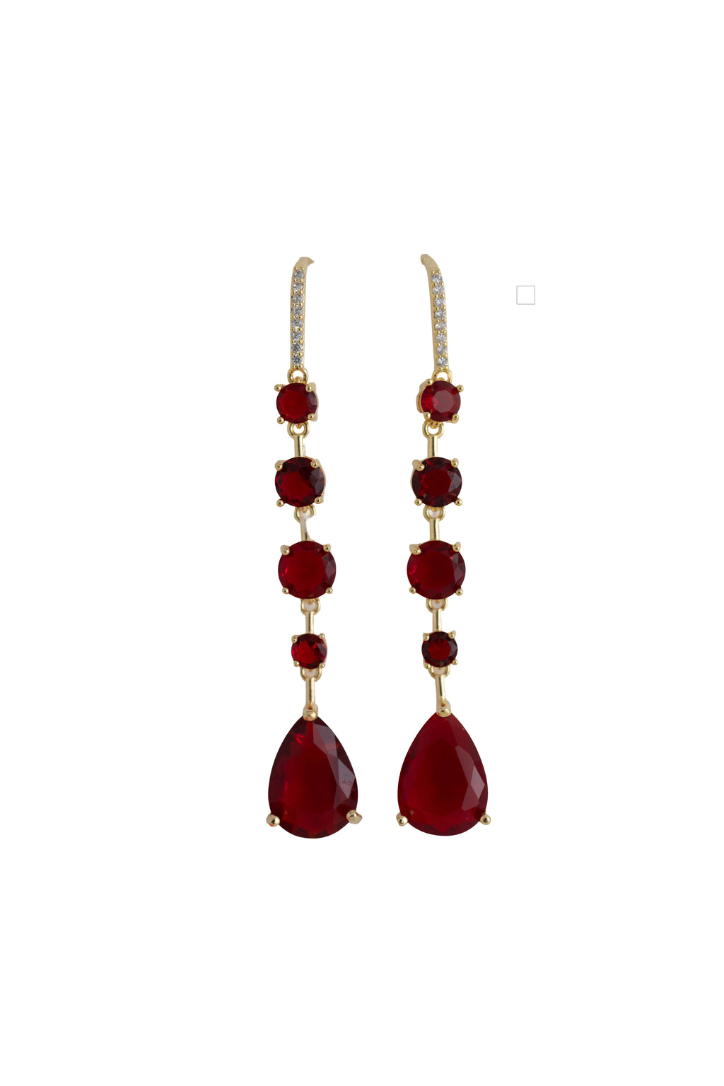 red rhinestone drop earrings on a gold setting