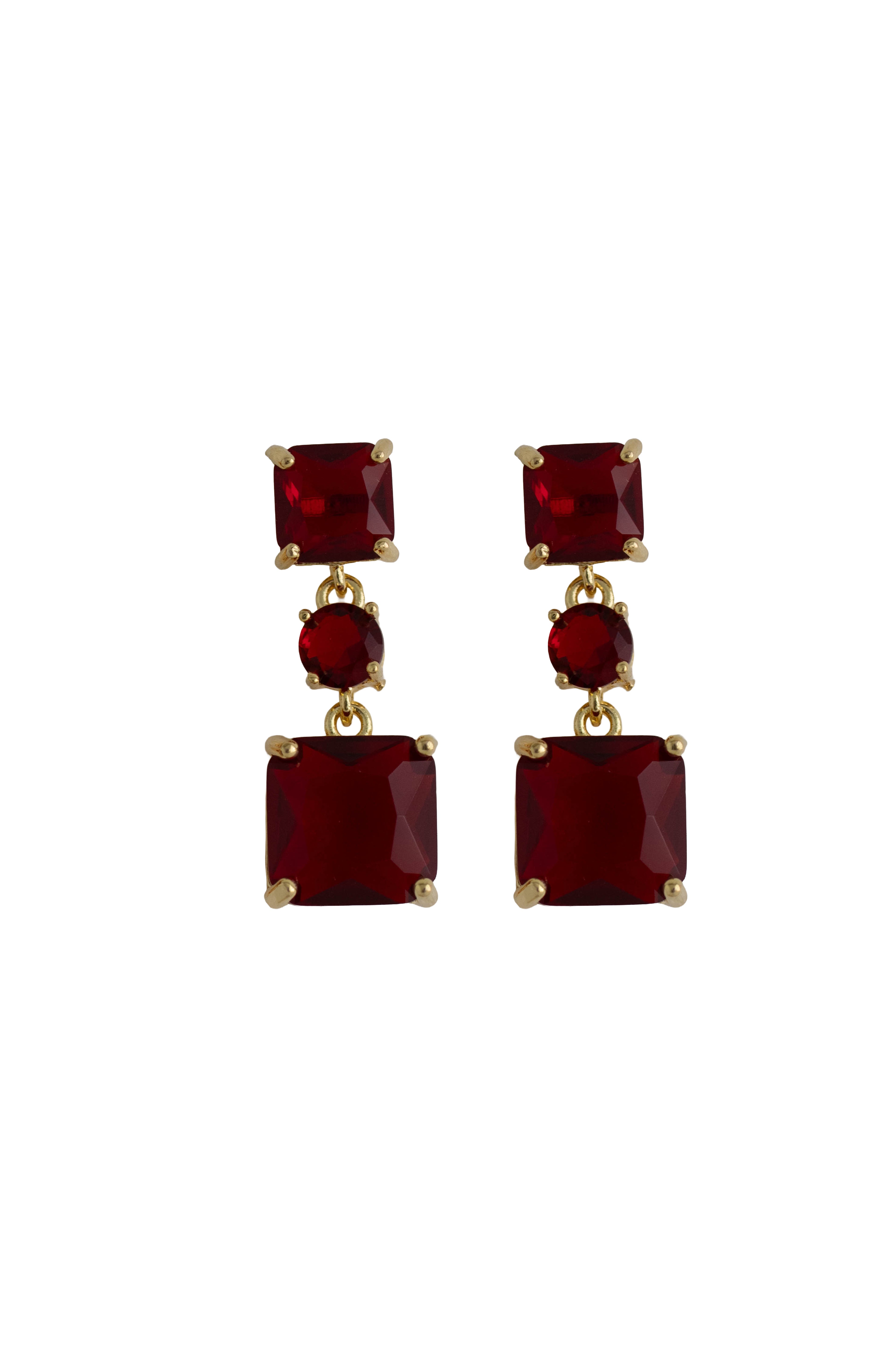 red rhinestone drop earrings on a gold setting