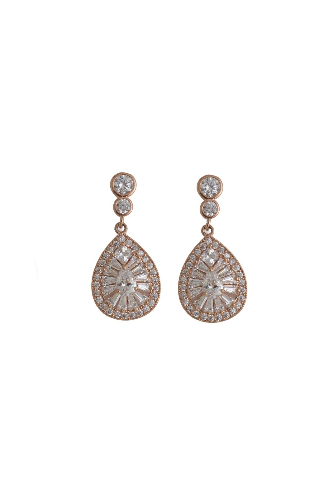Pair of rose gold teardrop earrings with clear gemstones