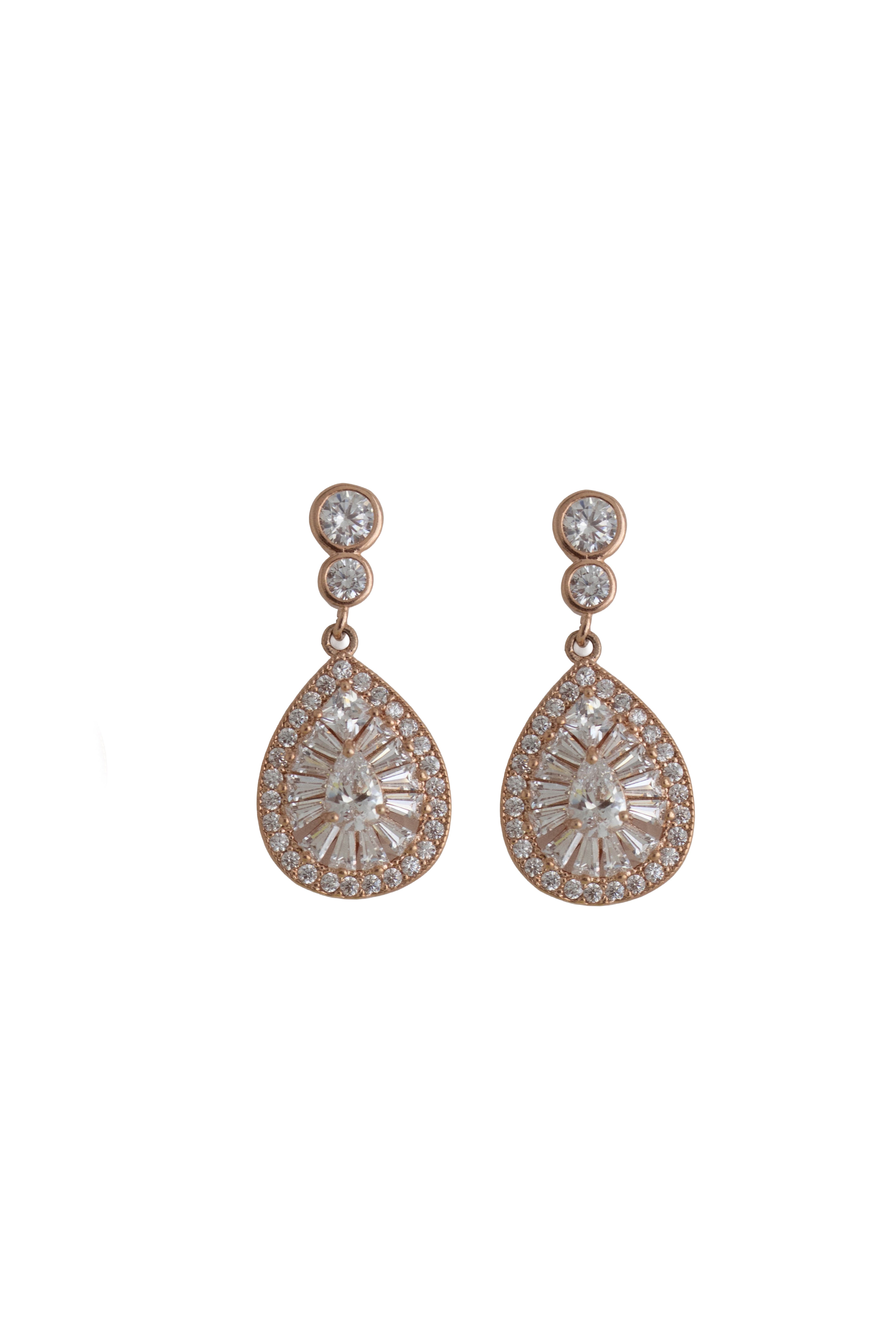 Pair of rose gold teardrop earrings with clear gemstones