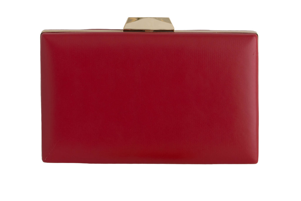 Red clutch bag with a gold clasp on a white background