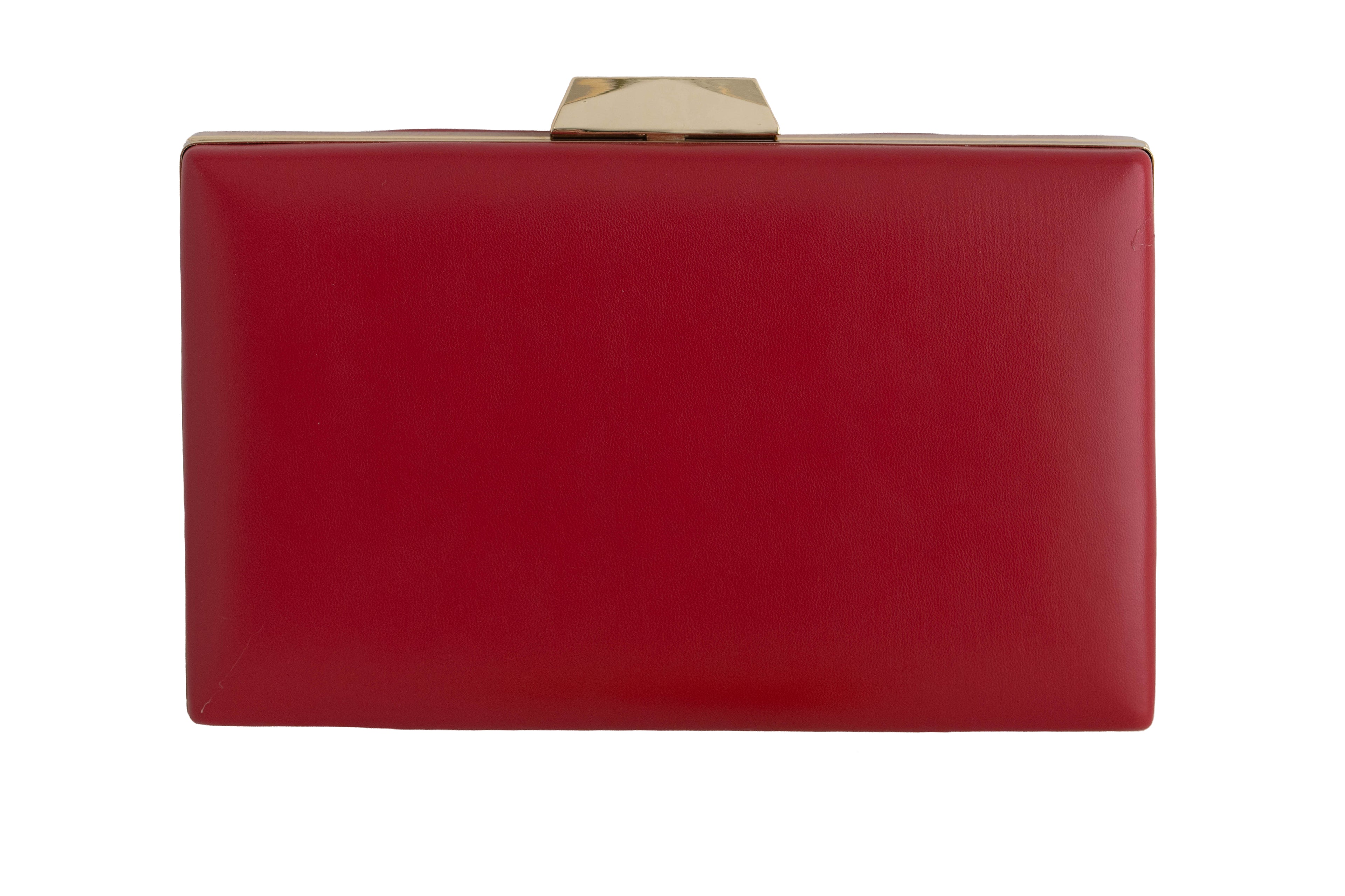 Red clutch bag with a gold clasp on a white background
