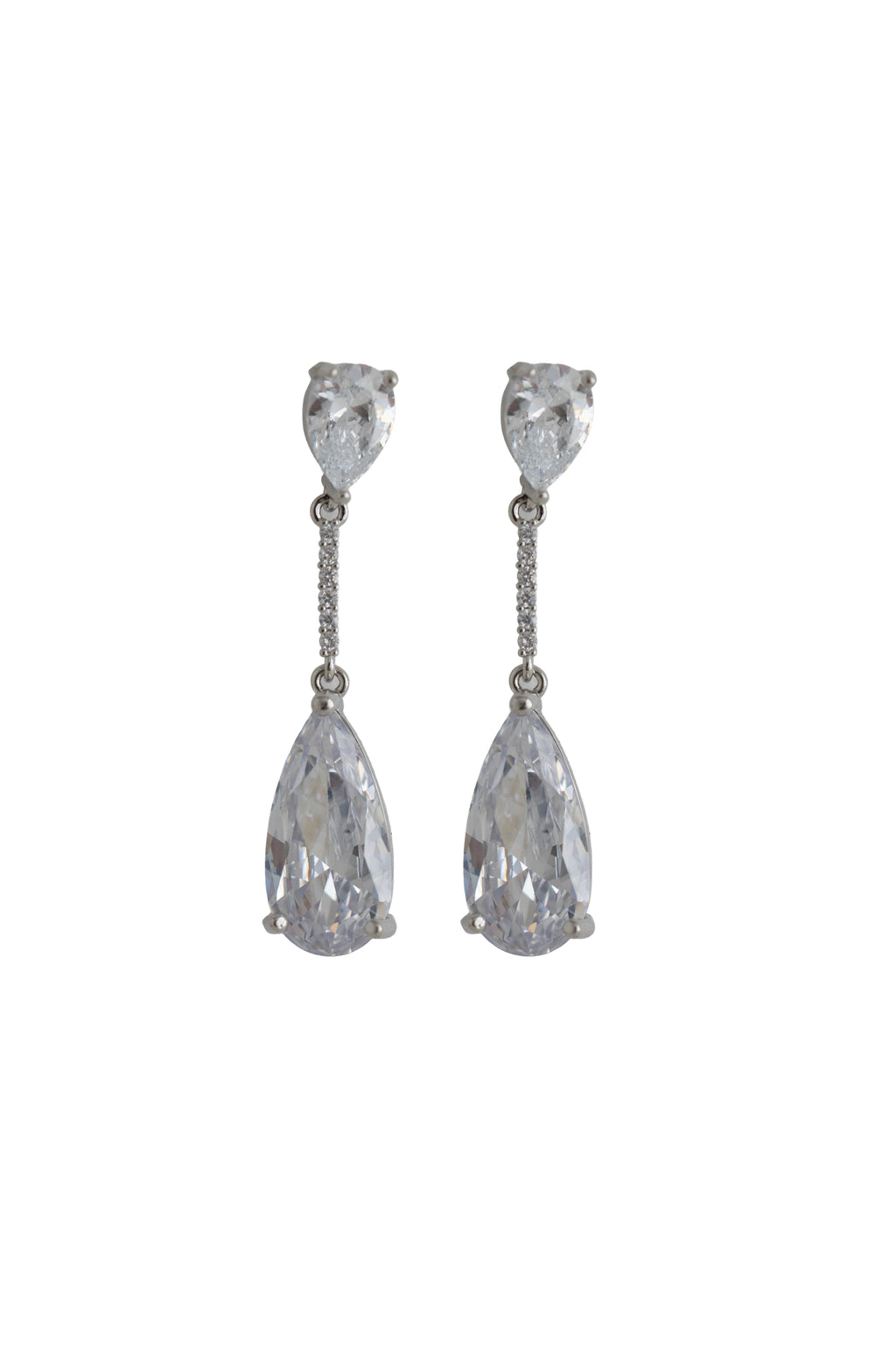 silver drop earrings featuring a teardrop crystal stud connected by a pave crystal bar to a large sparkling teardrop crystal drop