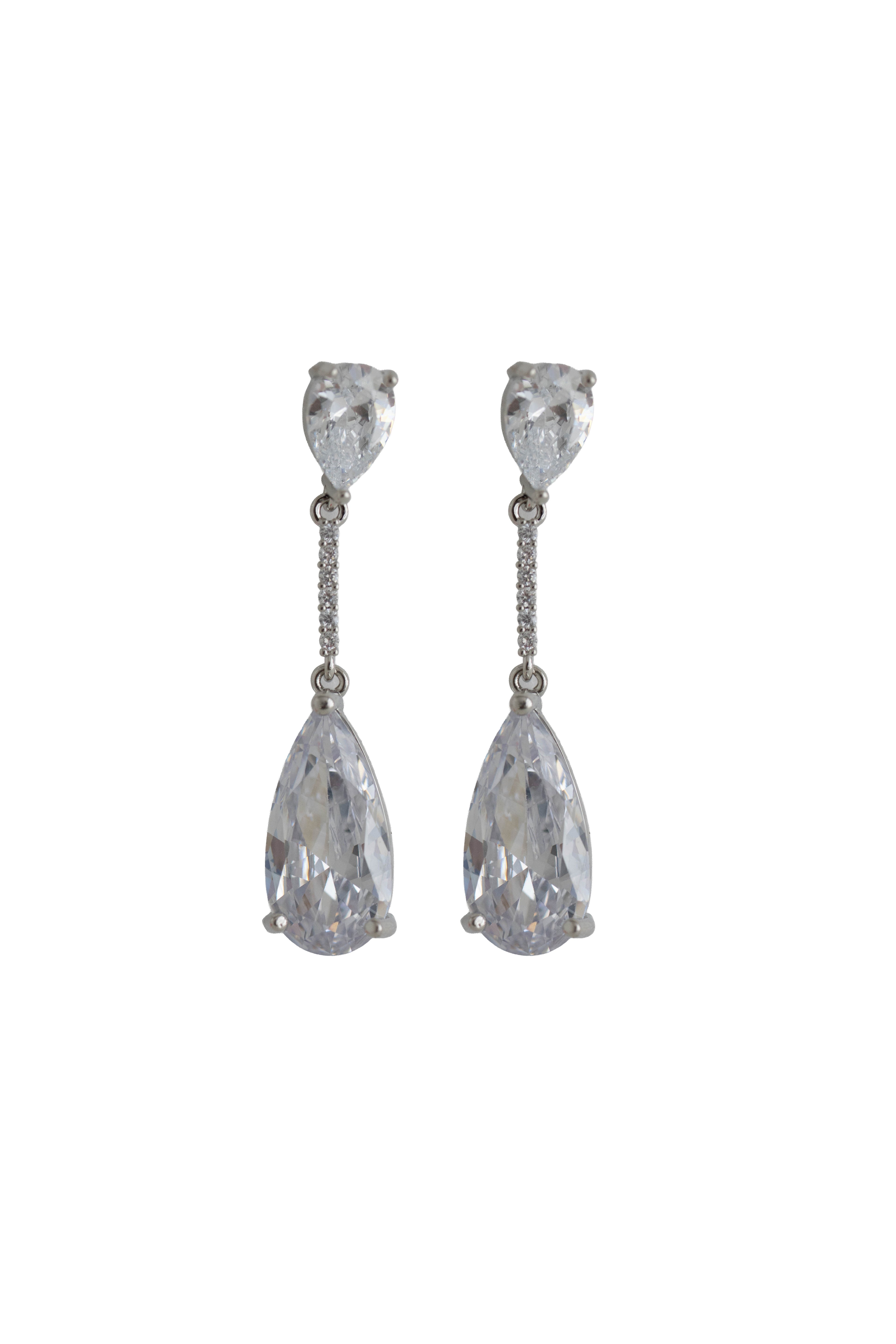 silver drop earrings featuring a teardrop crystal stud connected by a pave crystal bar to a large sparkling teardrop crystal drop
