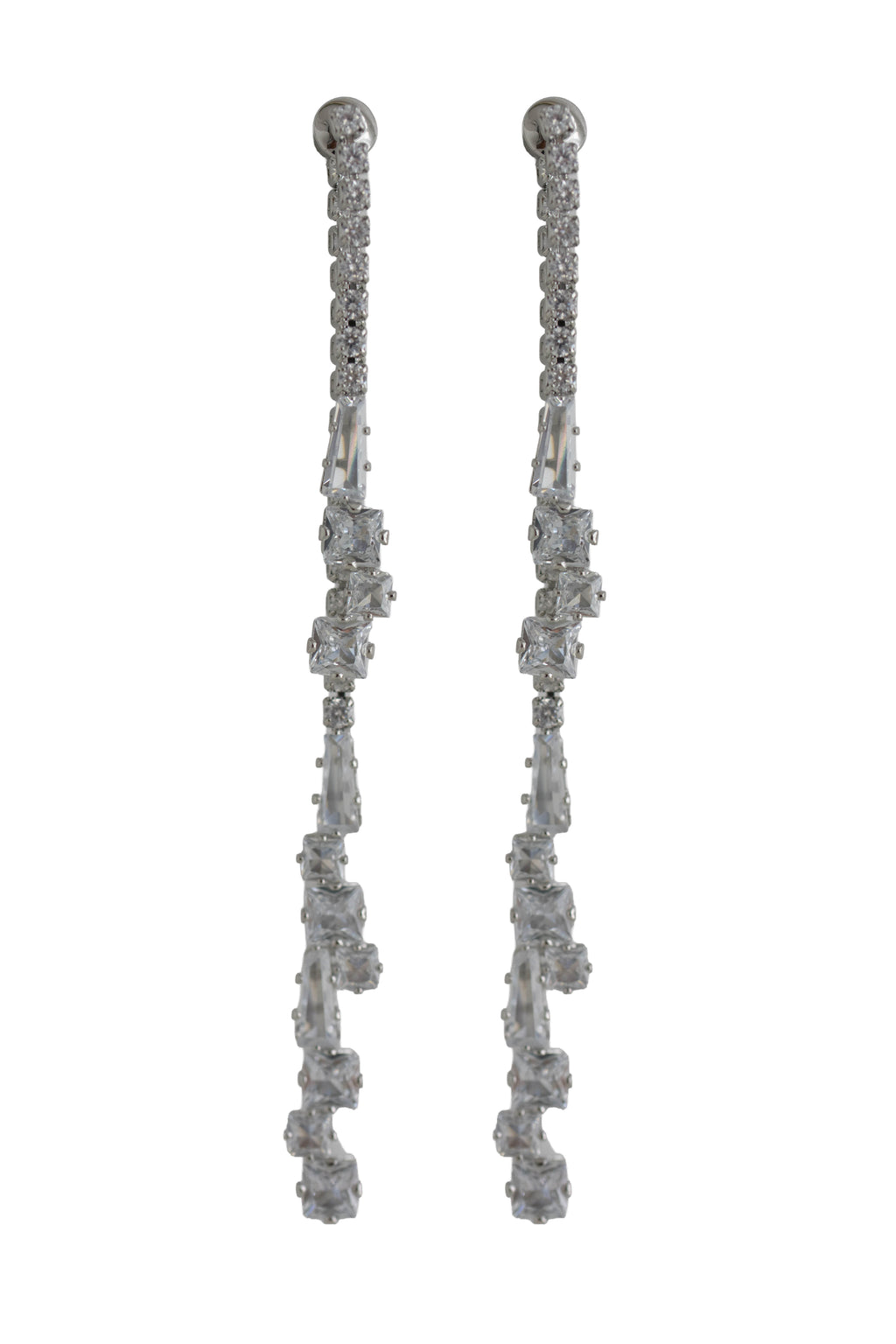 long silver earrings with a cascading trail of brilliant crystals