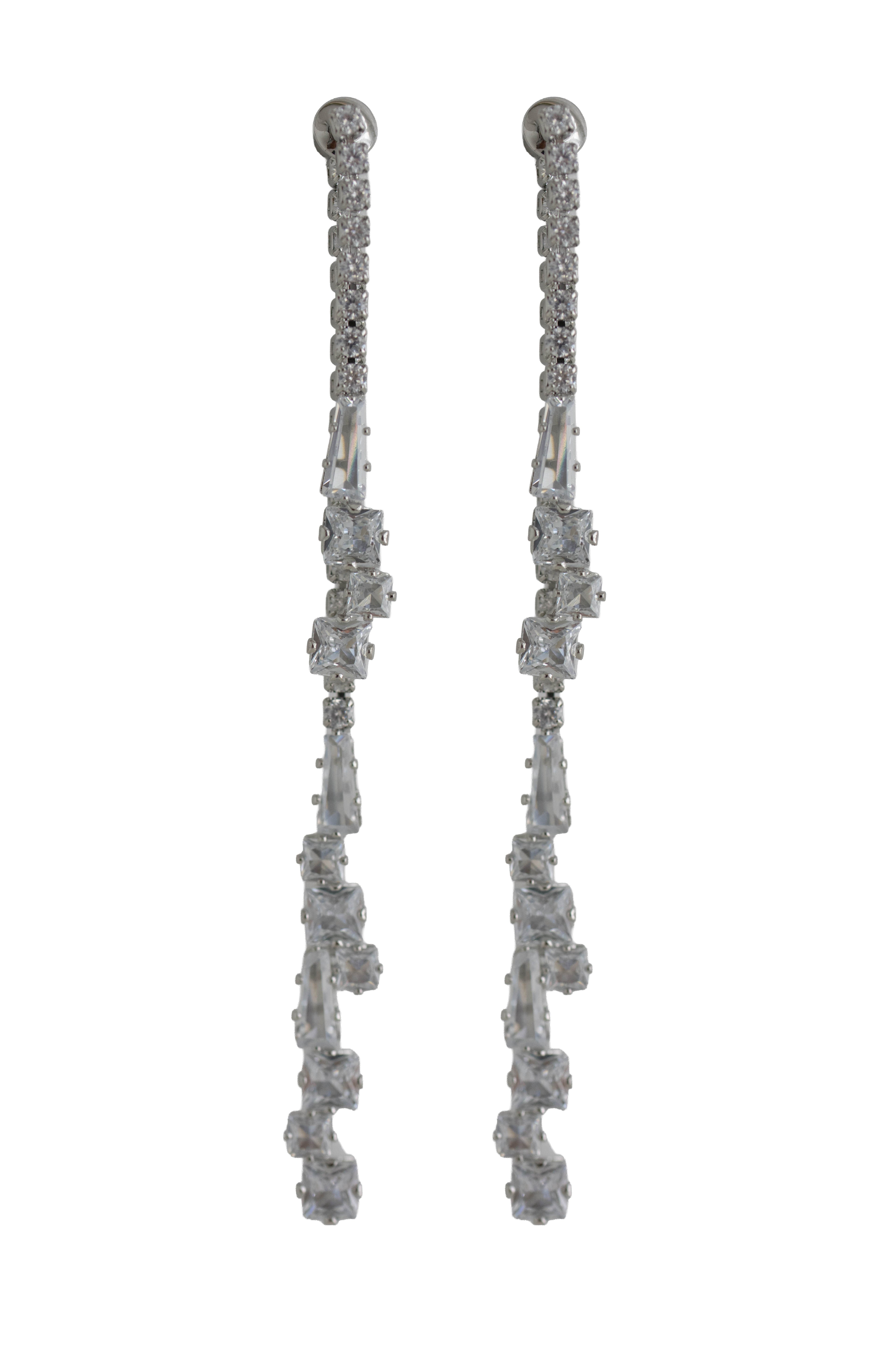 long silver earrings with a cascading trail of brilliant crystals