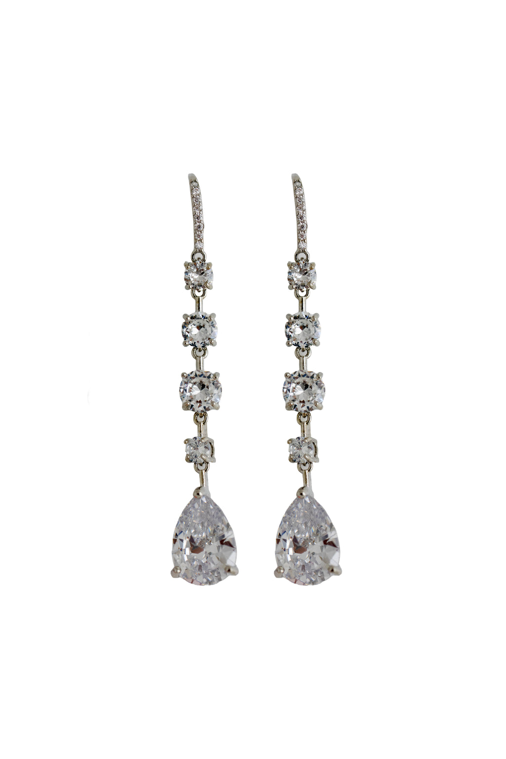silver drop earrings featuring graduated round crystals and a sparkling teardrop pendant