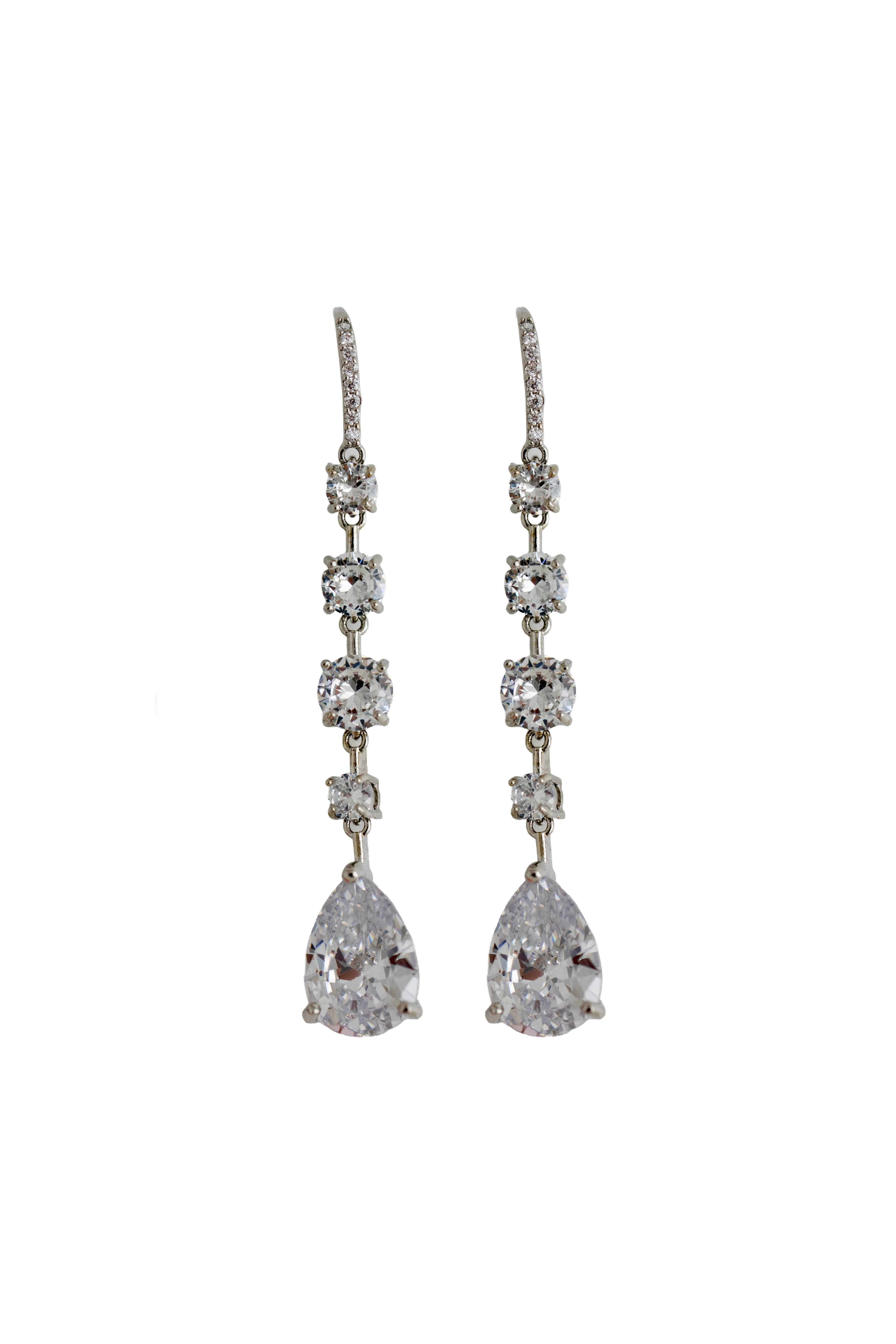 silver drop earrings featuring graduated round crystals and a sparkling teardrop pendant