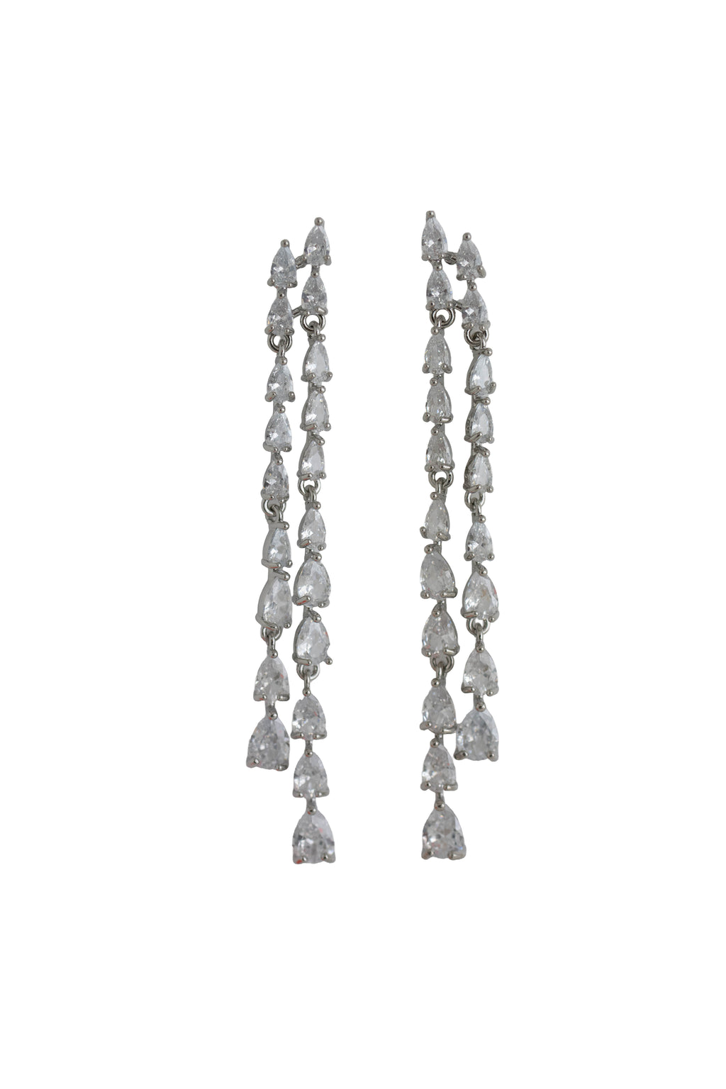 silver fringe earrings featuring two long strands of sparkling teardrop crystals