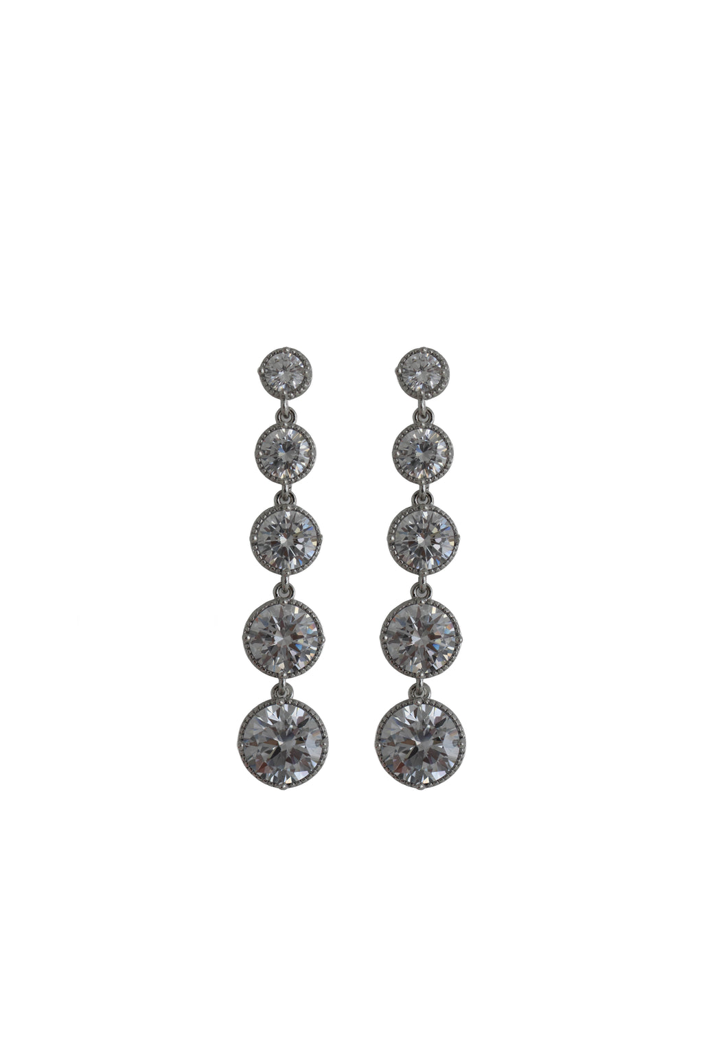 silver drop earrings featuring five graduated round crystals